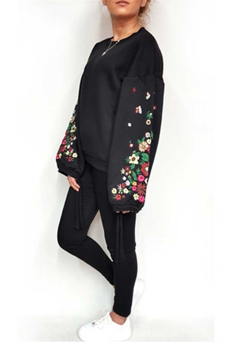 Kolları Nakışlı Bağlamalı Sweatshirt