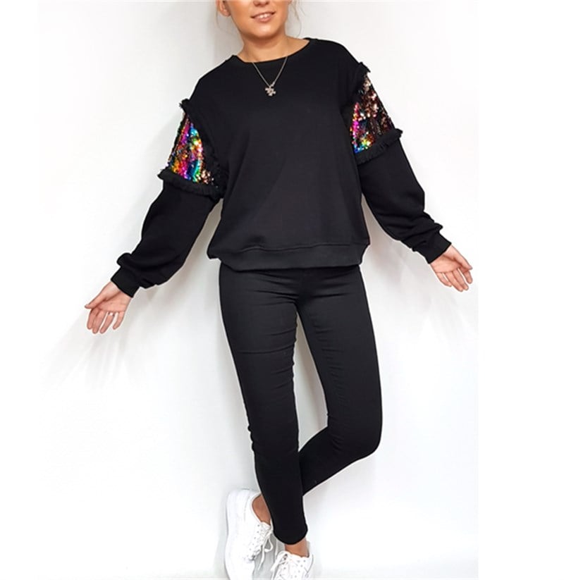 Kolları Payetli Püskül Detay Sweatshirt