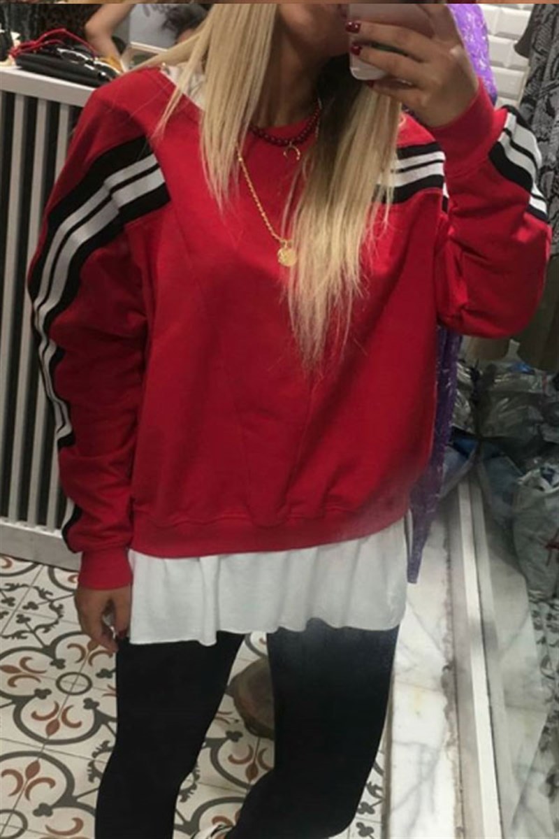 Kolları Triko Şeritli Kırmızı Sweatshirt