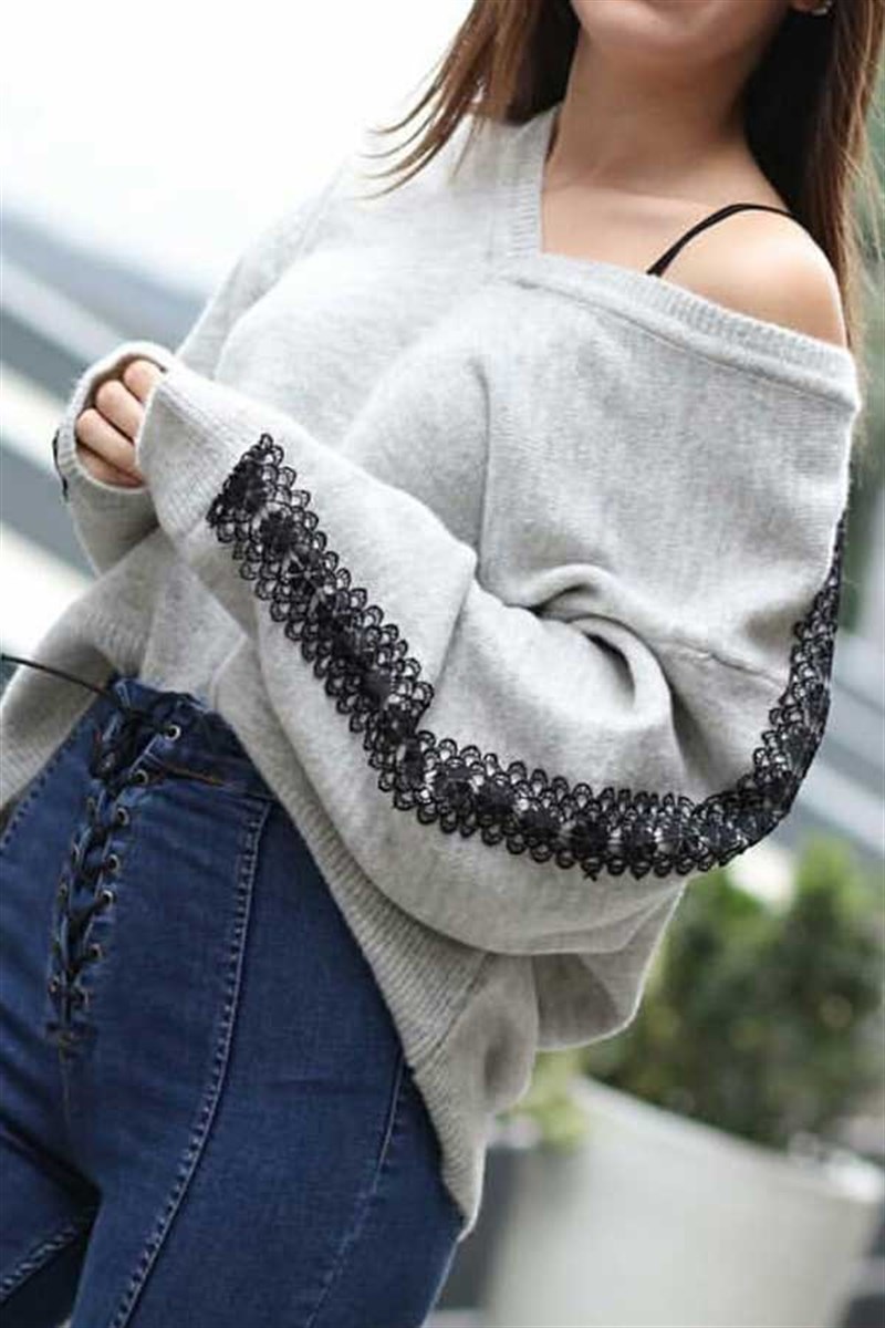 Kolu Dantel Şeritli V Kazak