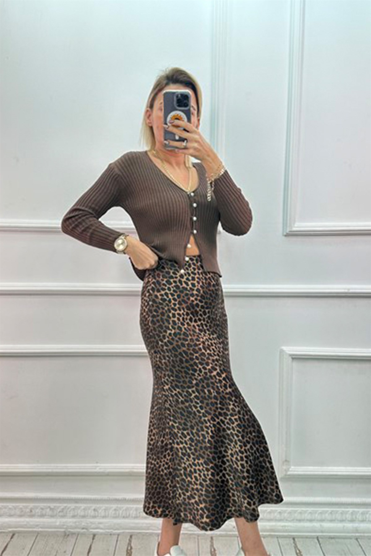 Koyu Leopar Saten Çan Etek ETEK