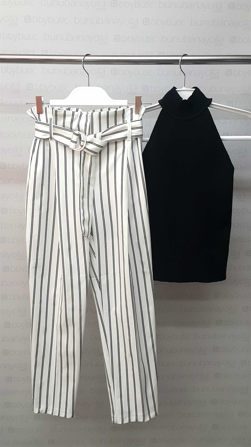 Kuşaklı Çizgili Beyaz Havuç Pantalon