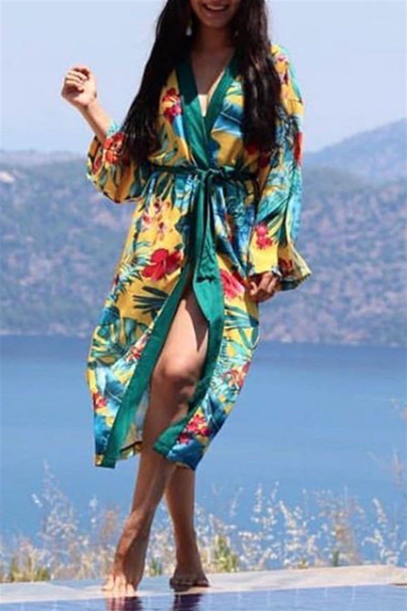 Kuşaklı Desenli Crep Kimono