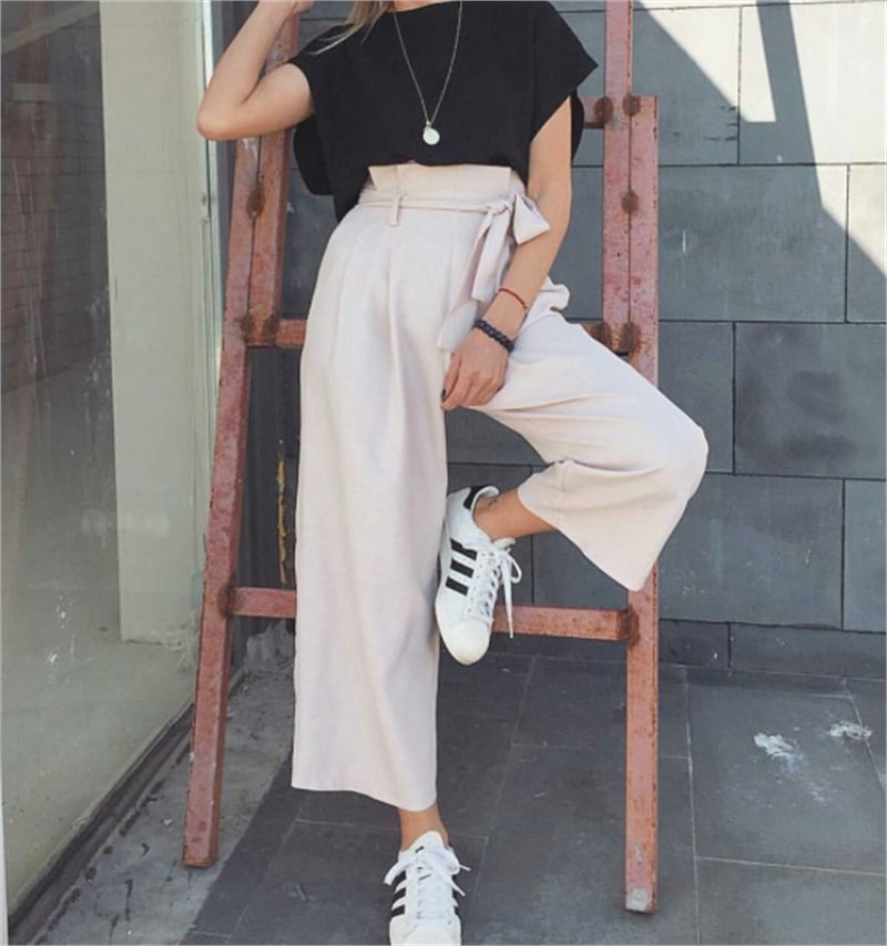 Kuşaklı Midi Bol Paça Pudra Pantalon