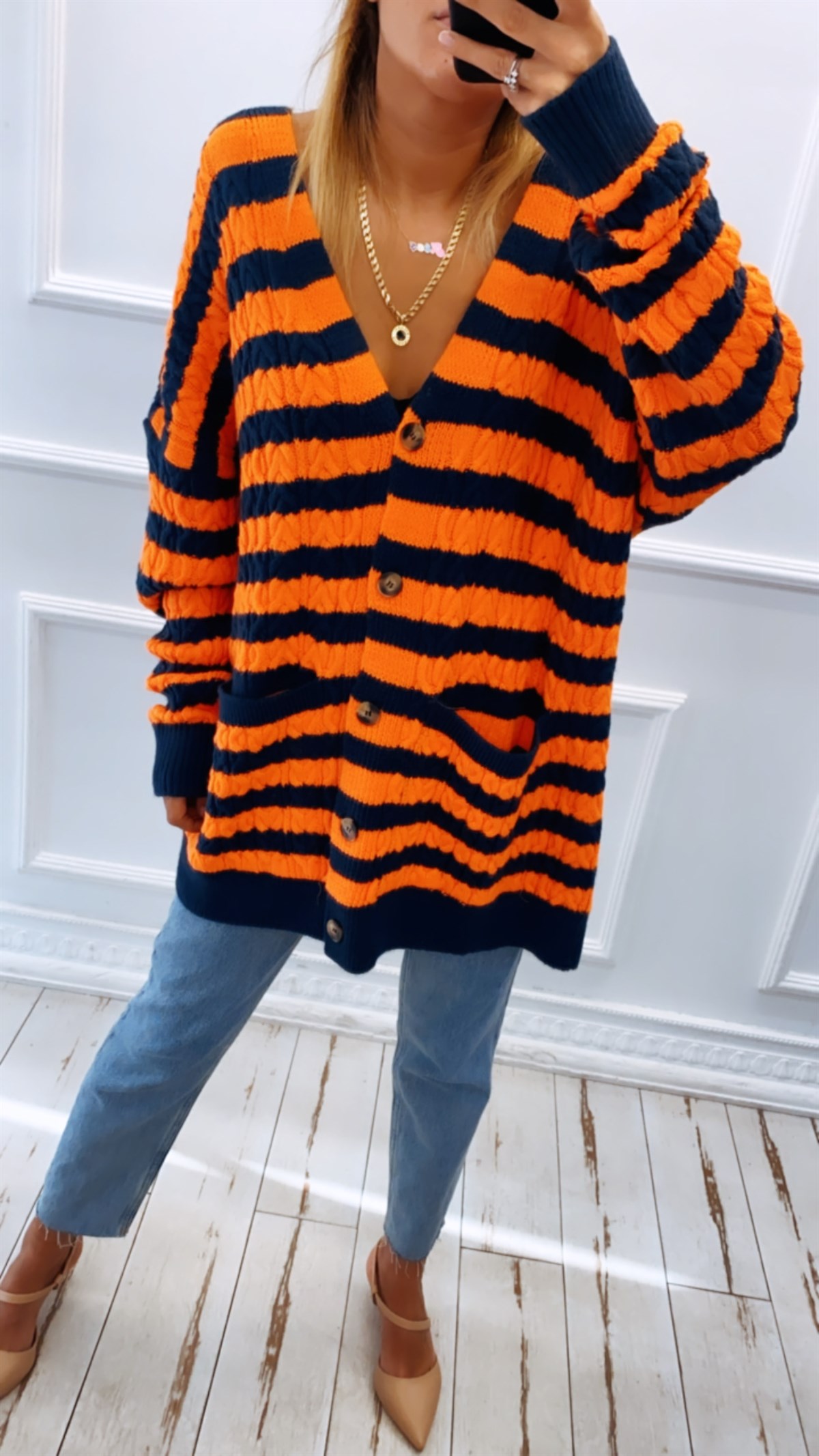 Lacivert Turuncu Çizgili Oversize Hırka