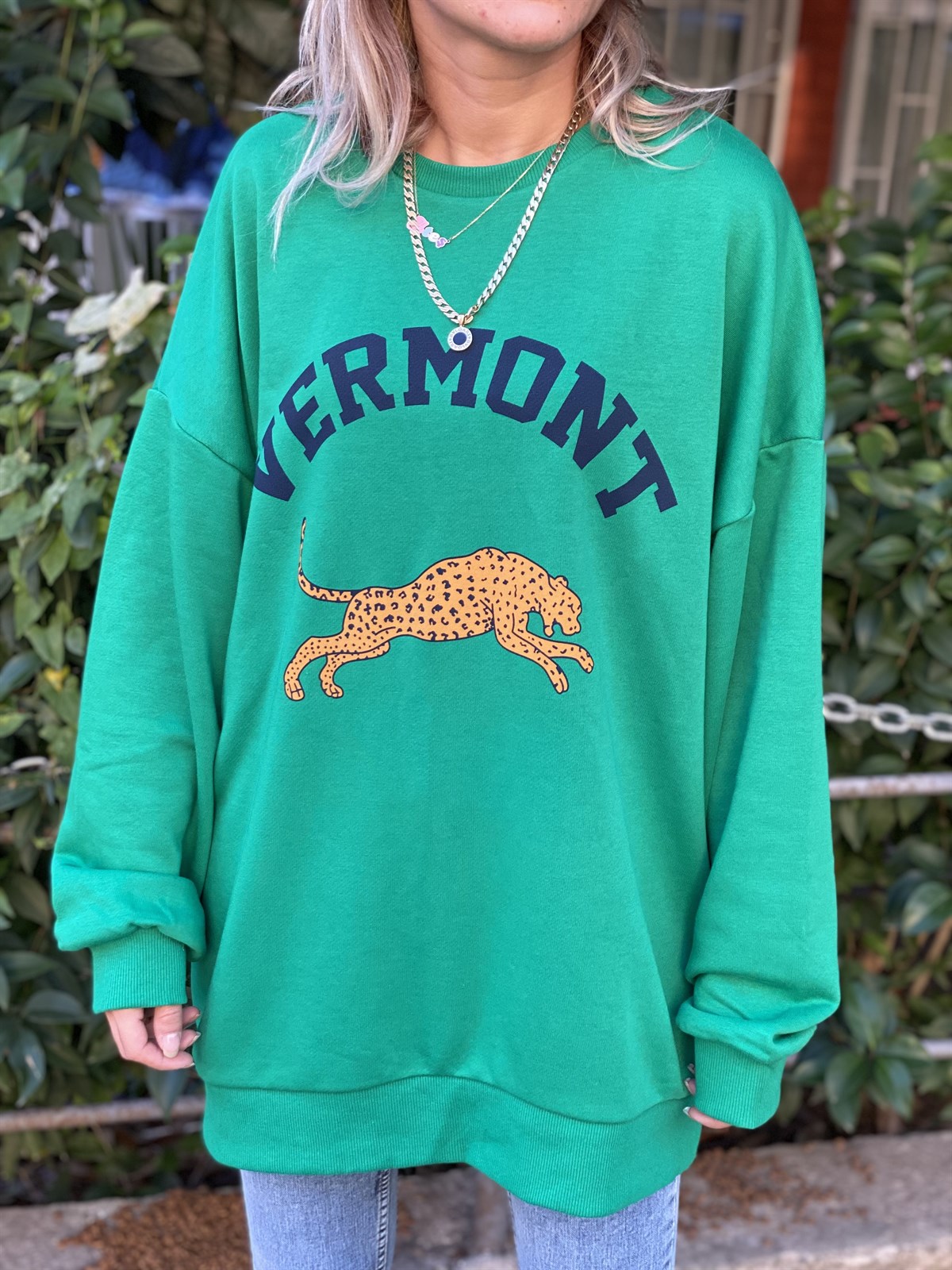 Leopar Baskılı Yeşil Oversize Yeşil SweatshirtSWEATSHİRT