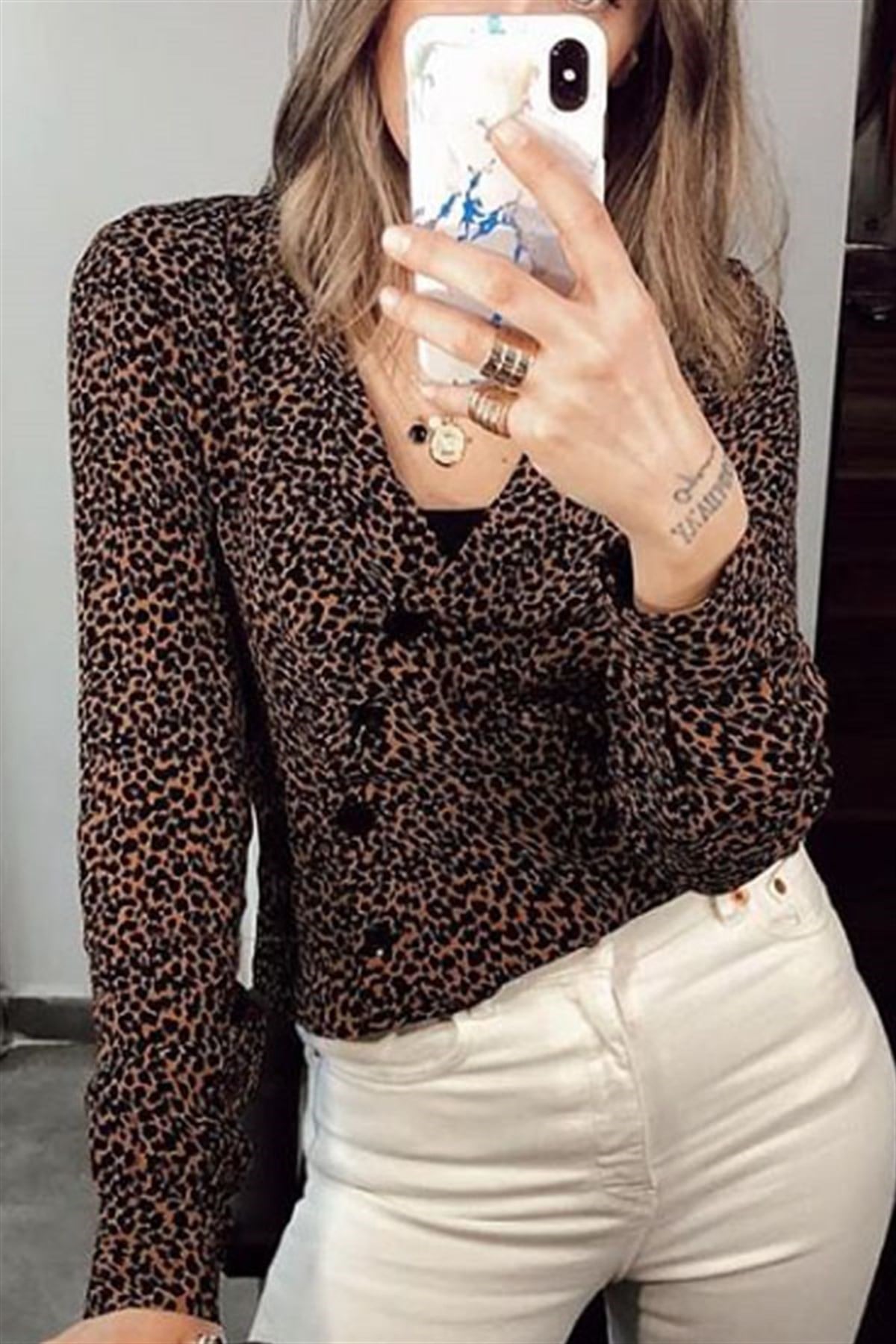 Leopar Desen Kahve Kruvaze Bluz