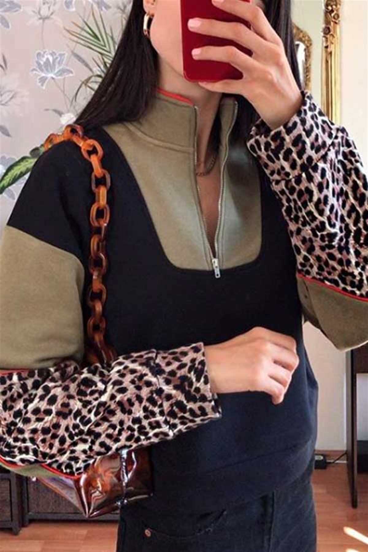 Leopar Garnili Fermuar Detay Sweatshirt