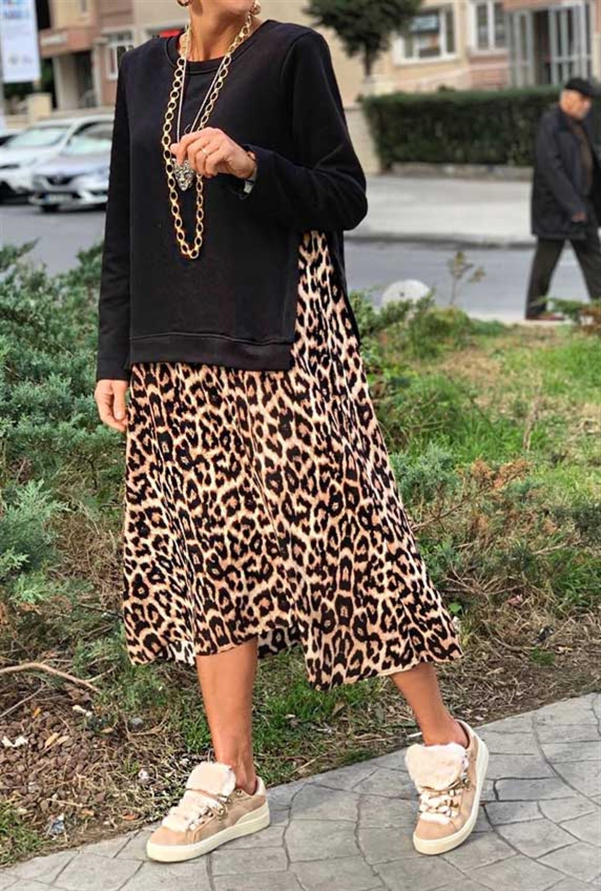 Leopar Garnili Sweat Detay Elbise