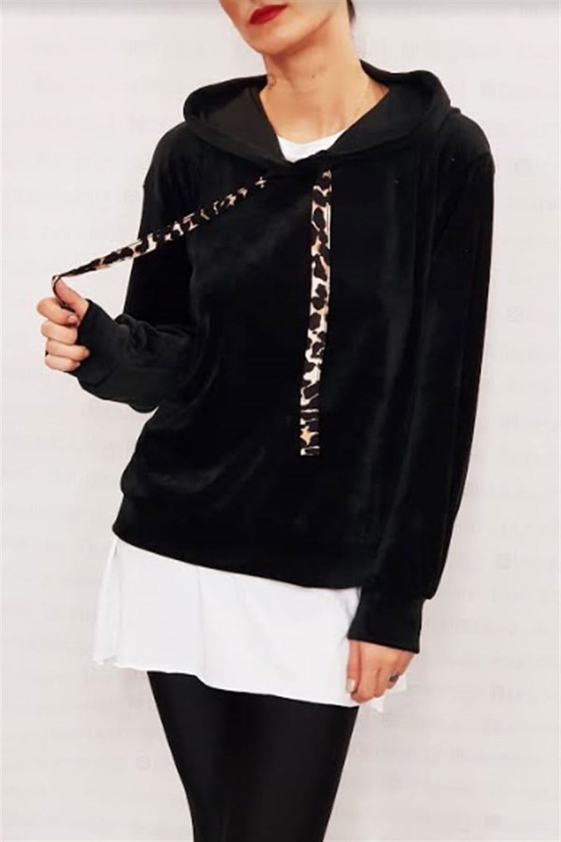 Leopar İpli Kadife Sweat 