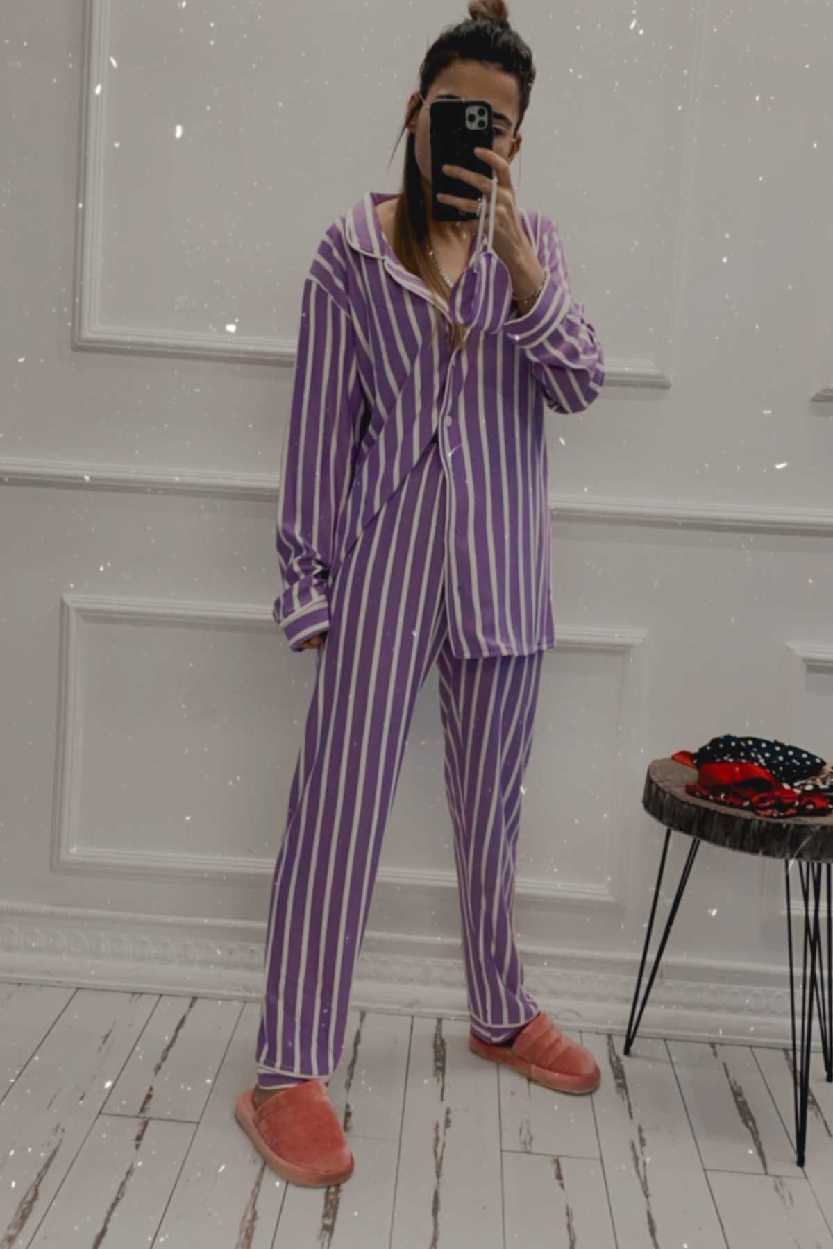 Lila Çizgili Böz Bantlı Pijama Takım