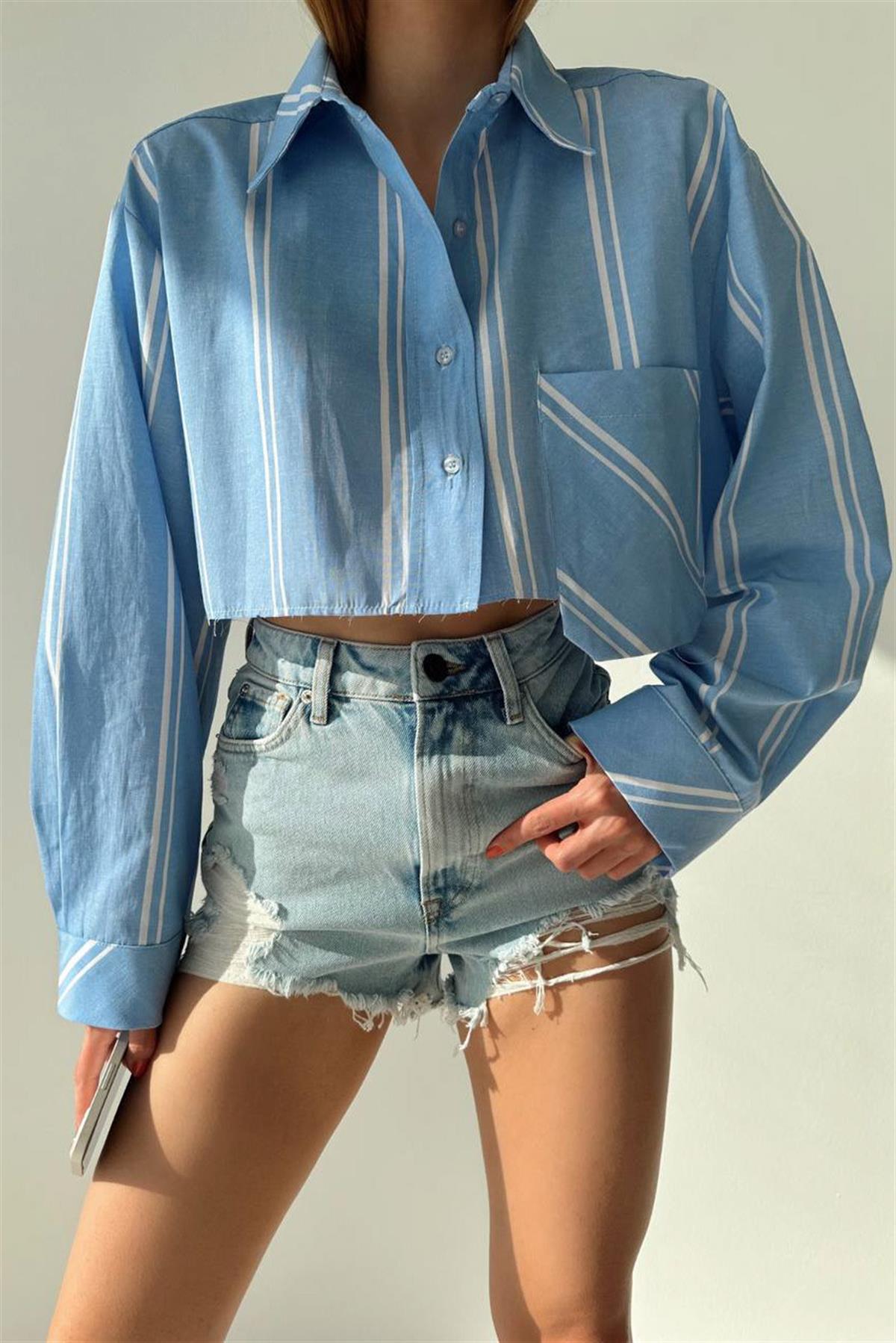 Mavi Çizgili Mini GömlekGÖMLEK