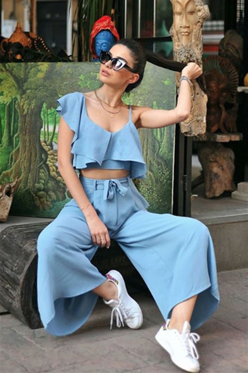 Mavi Volanlı Bluz Pantalon Takım