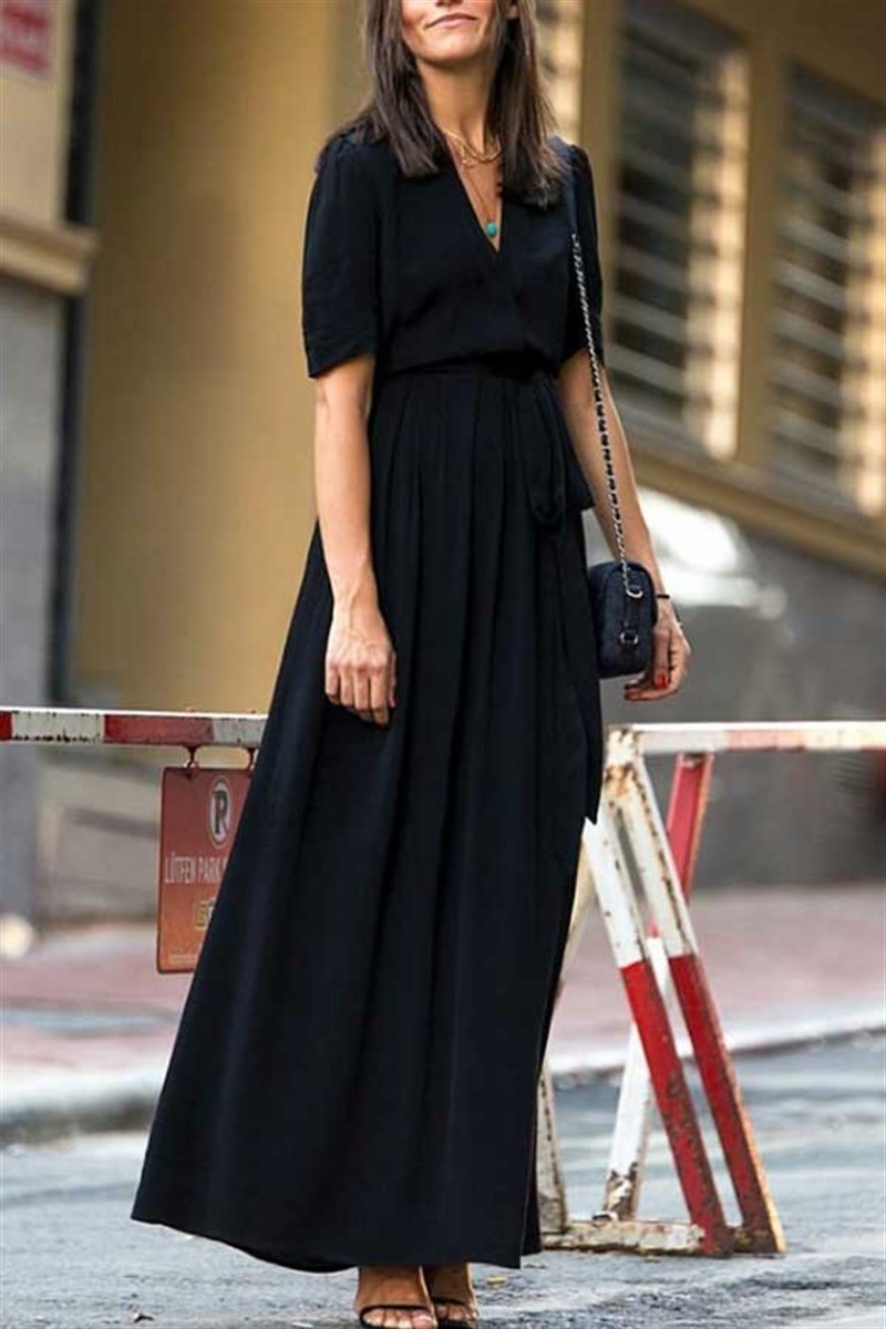 Maxi Boy Kuşaklı Krep Elbise