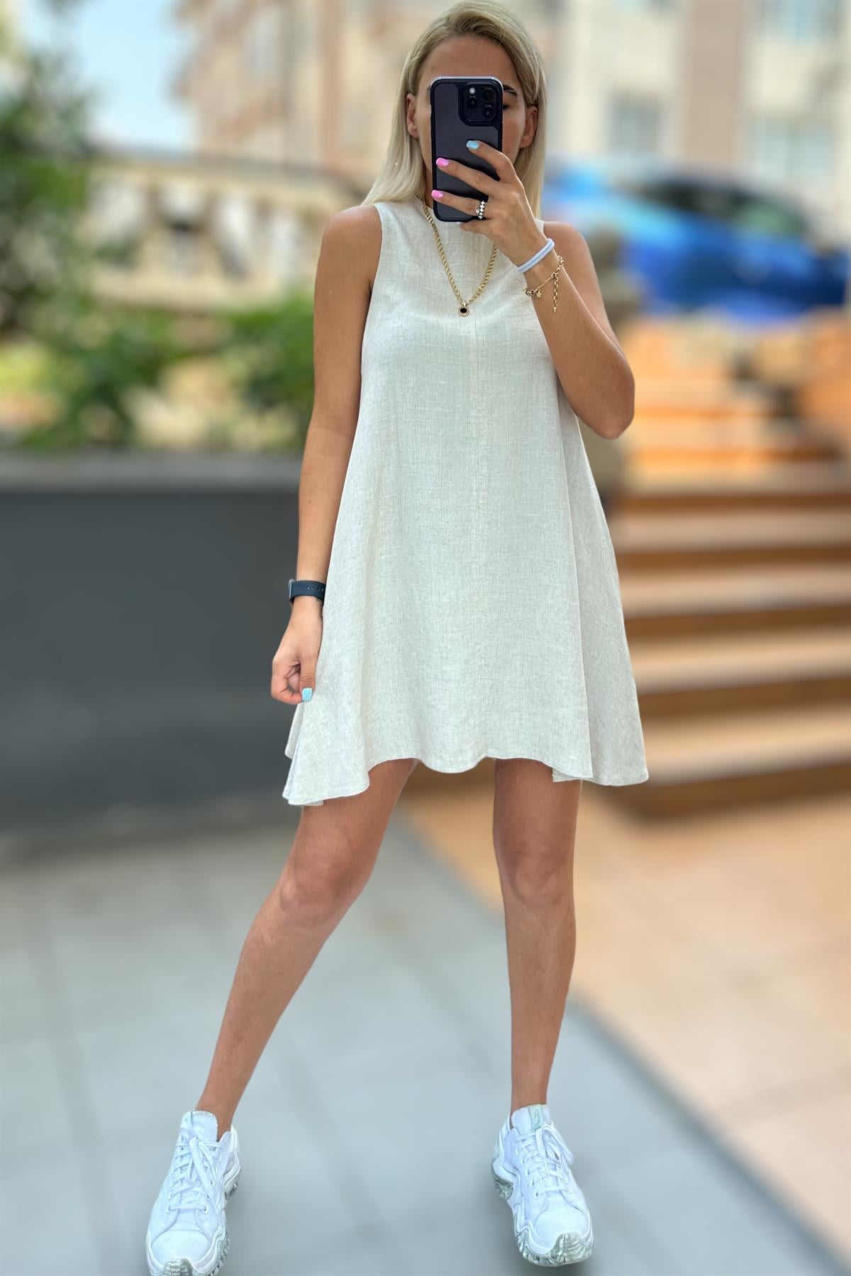 Mini Çan Kesim Keten ElbiseELBİSE
