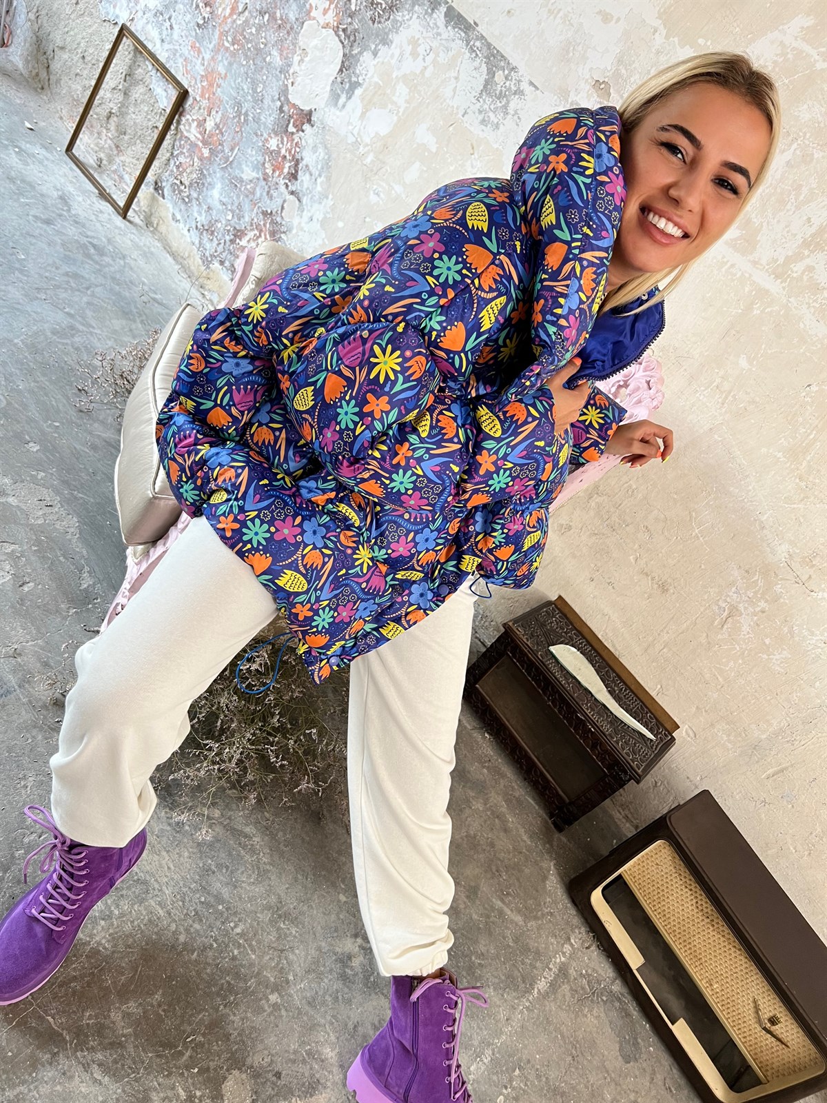 Minik Desenli Oversize Mor Şişme MontMONT/CEKET