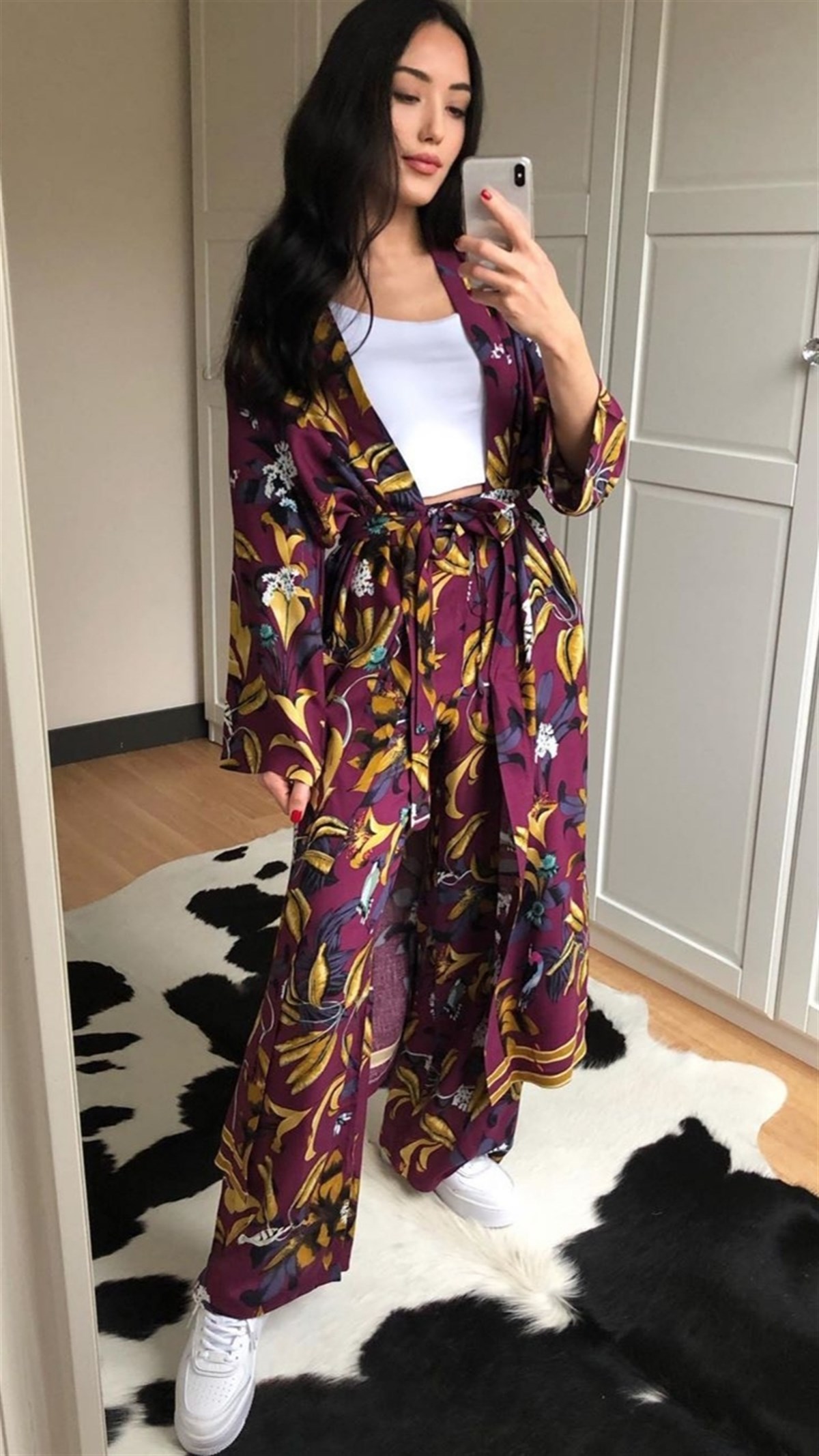 Mürdüm Desenli Kimono Pantolon Takım