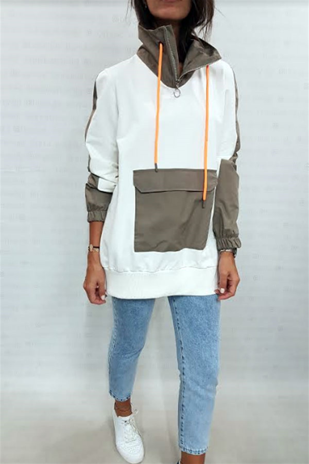 Neon İpli Haki Beyaz Sweatshirt
