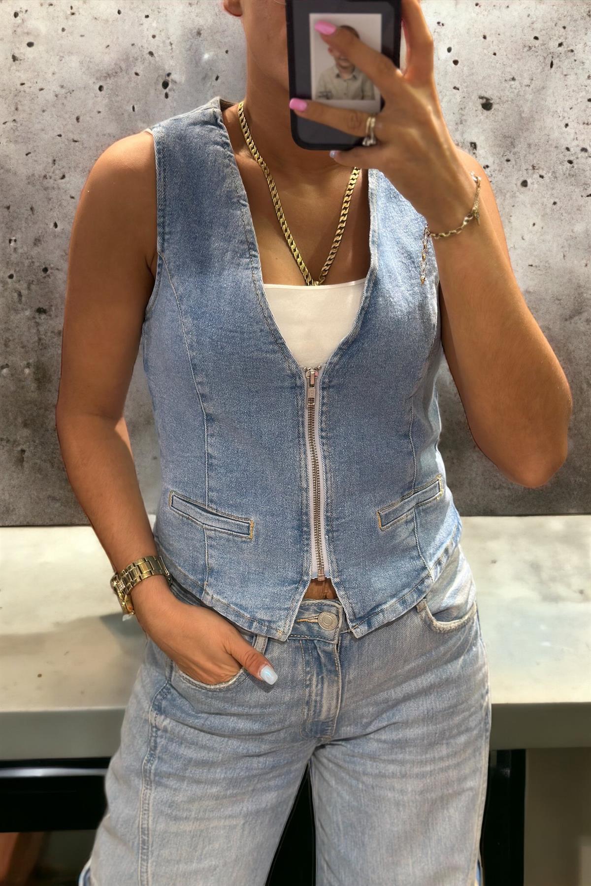 Önü Fermuarlı Denim YelekTAKIMLAR