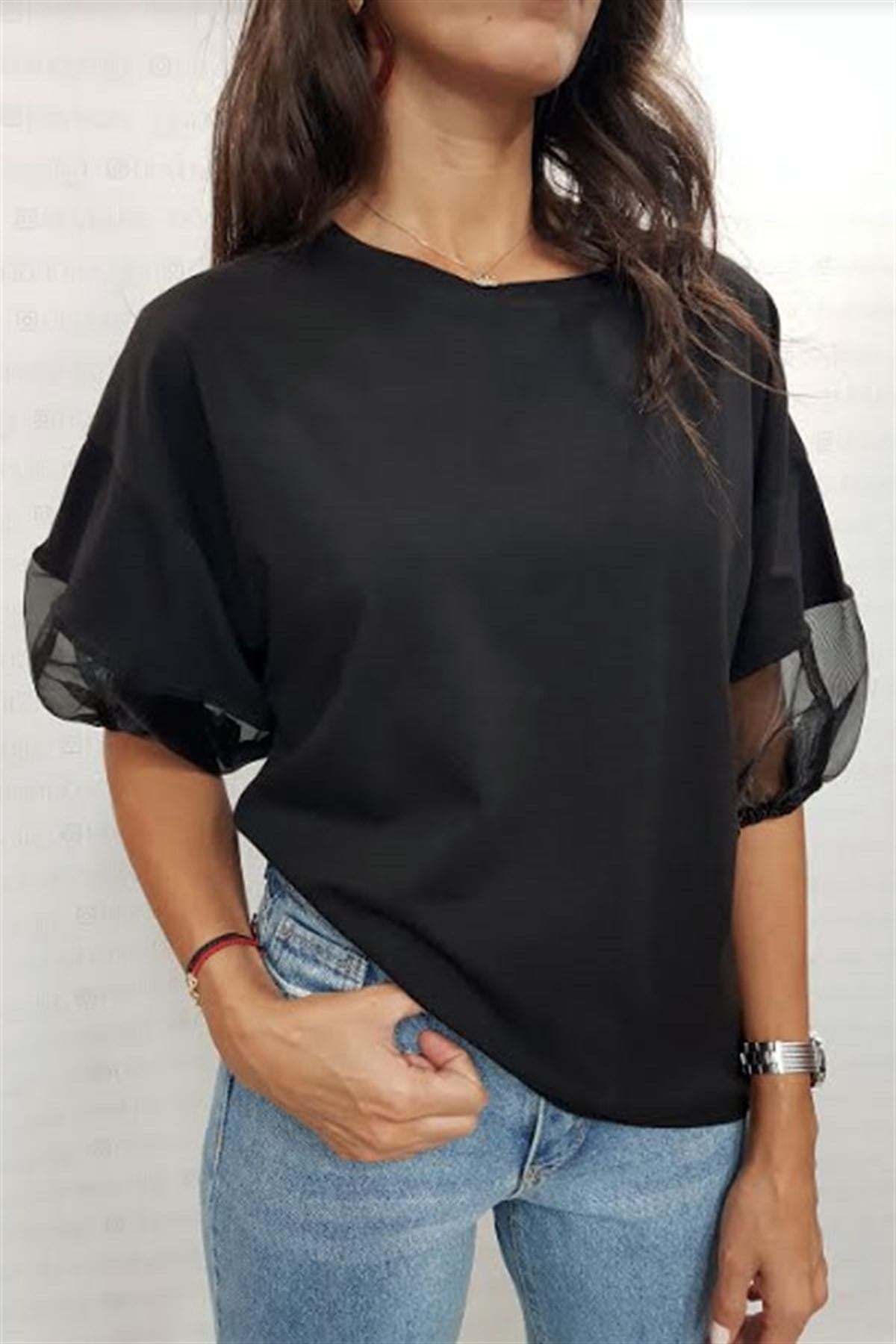 Organze Detay Karpuz Kol Tshirt
