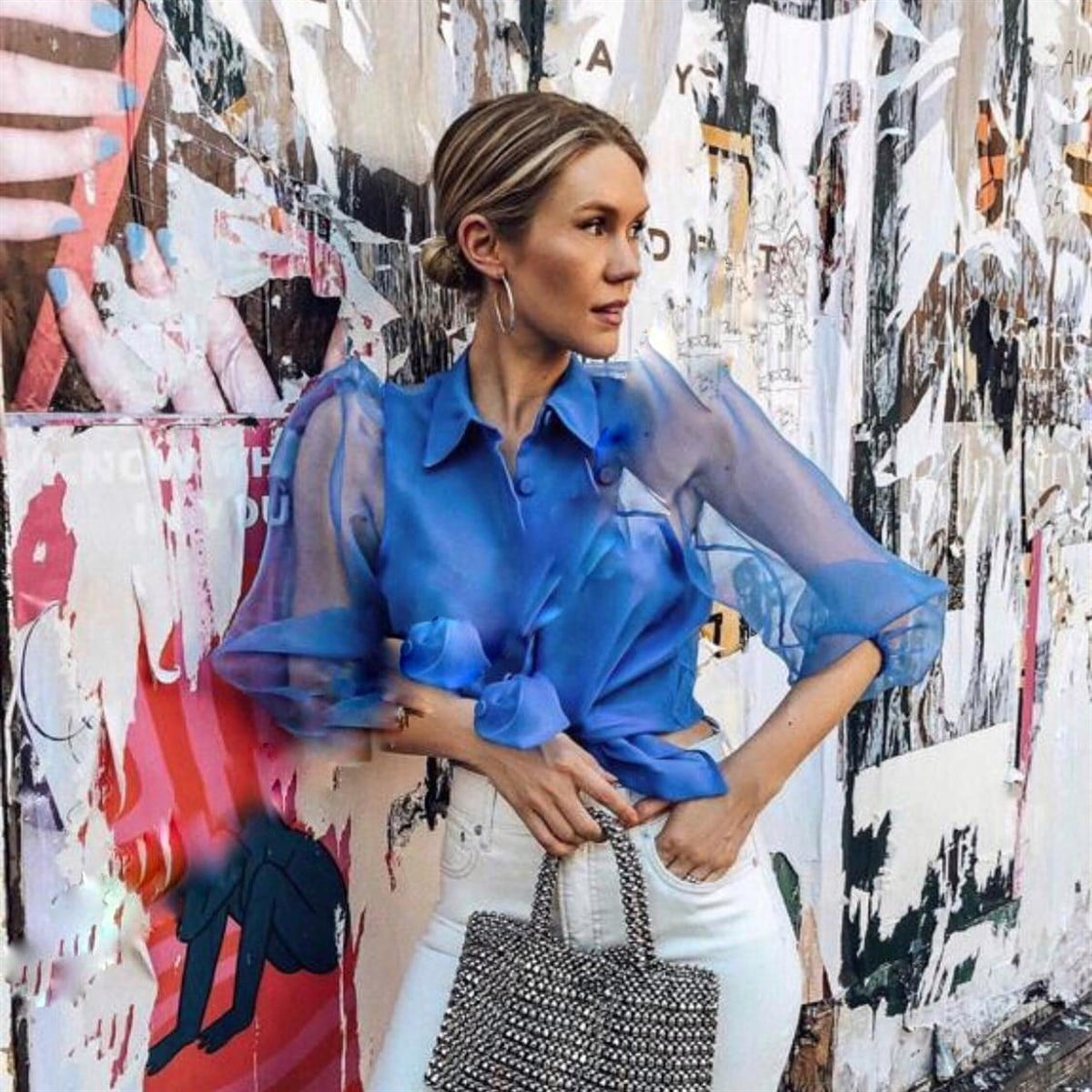 Organze Kol Mavi Gömlek