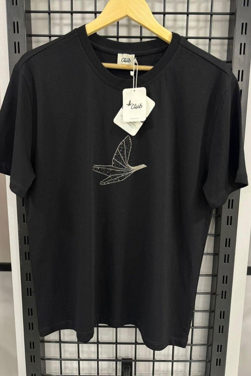 Orjinal Marka Taşlı Kuşlu Siyah TshirtTSHİRT
