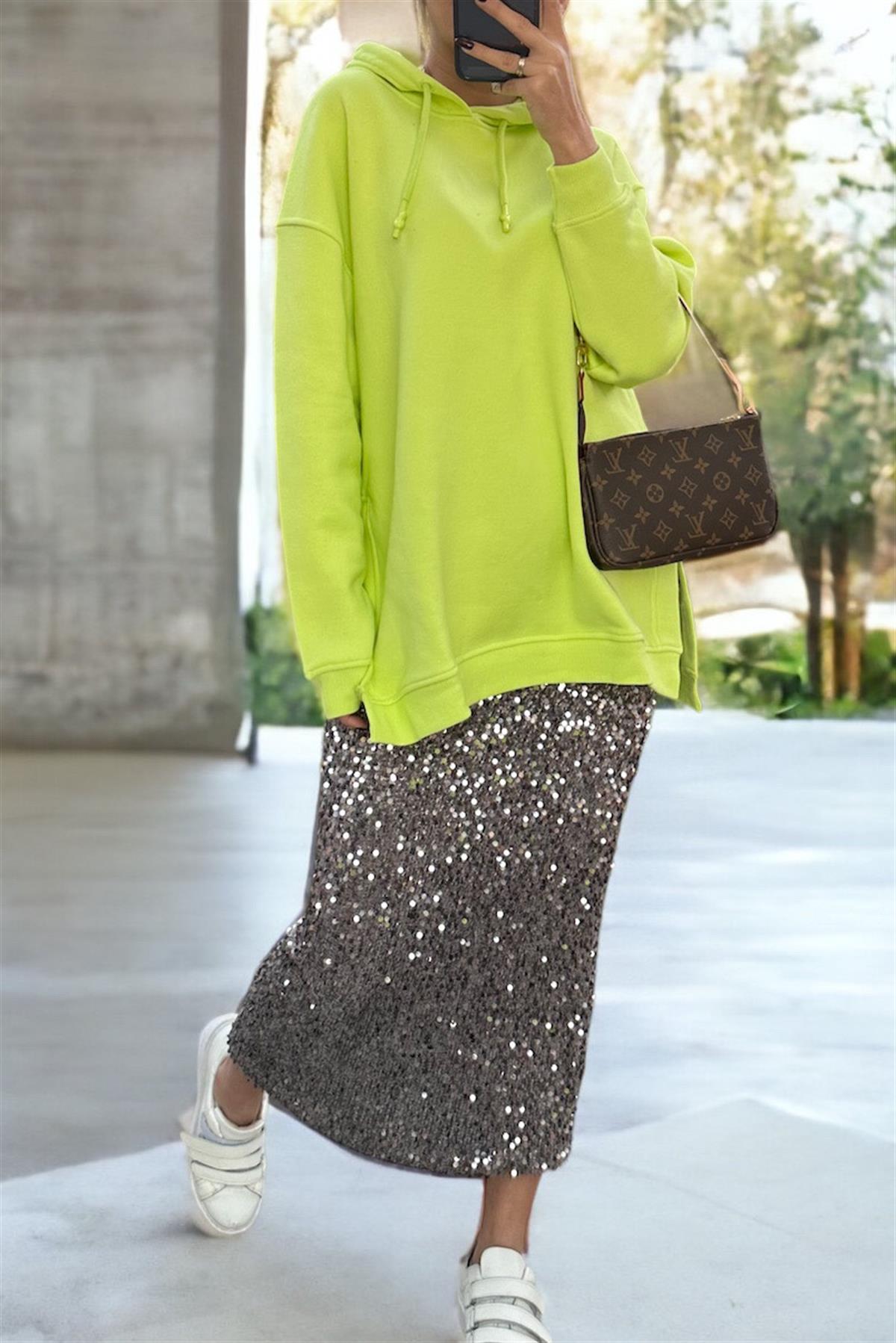 Orjinal Marka Yanı Yırtmaçlı Neon Yeşil  SweatshirtSWEATSHİRT