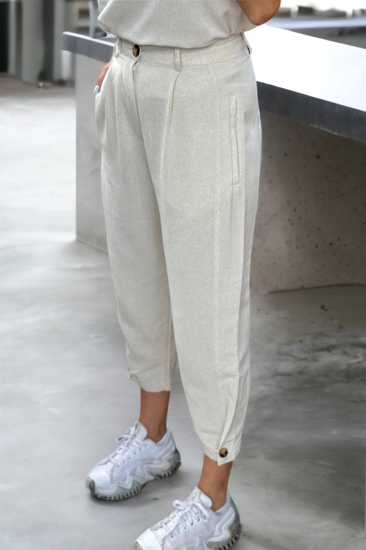 Paça Düğmeli Bej Keten PantolonPANTOLON