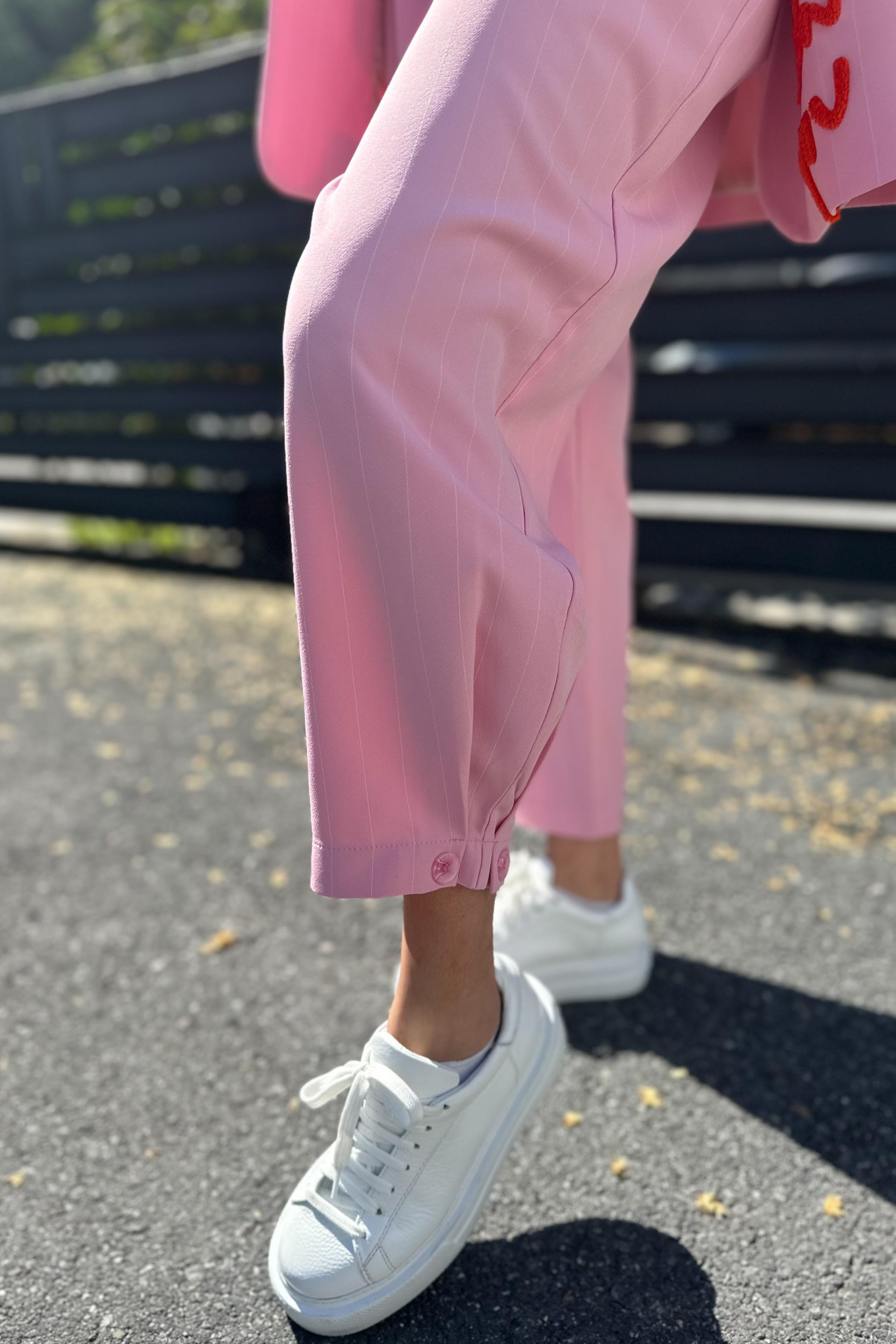 Paça Düğmeli Çizgili Pembe PantolonPANTOLON