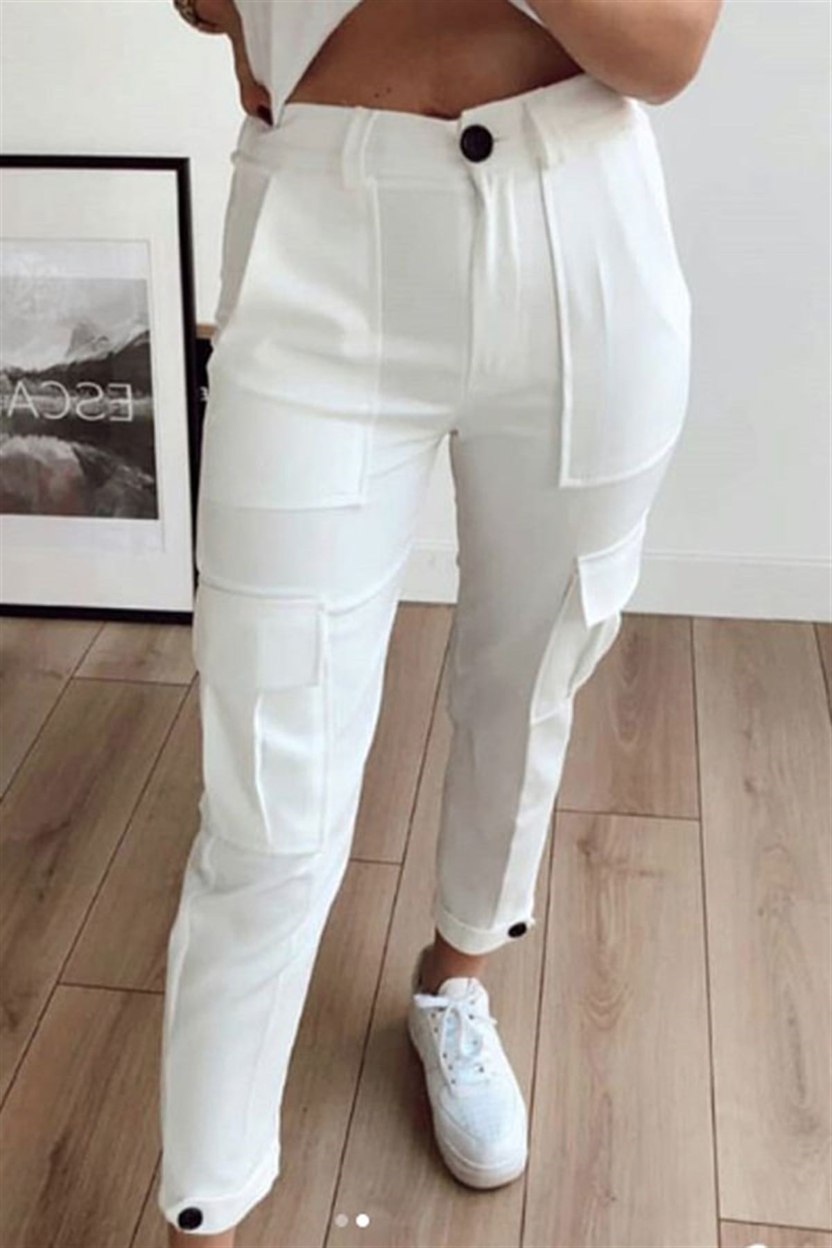 Paça Düğmeli Crep Kargo Pantalon