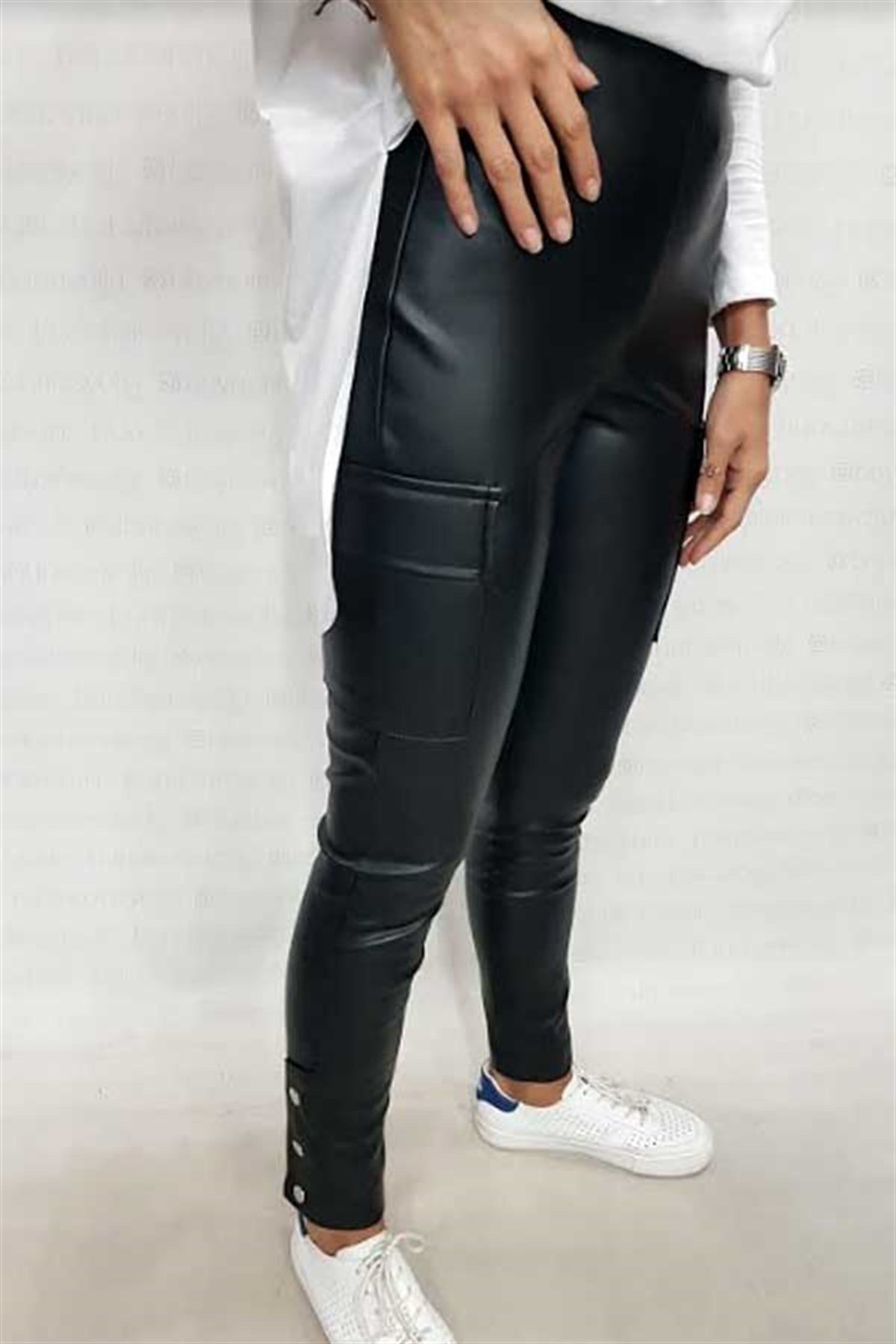 Paçası Çıtçıtlı Kargo Deri Pantalon