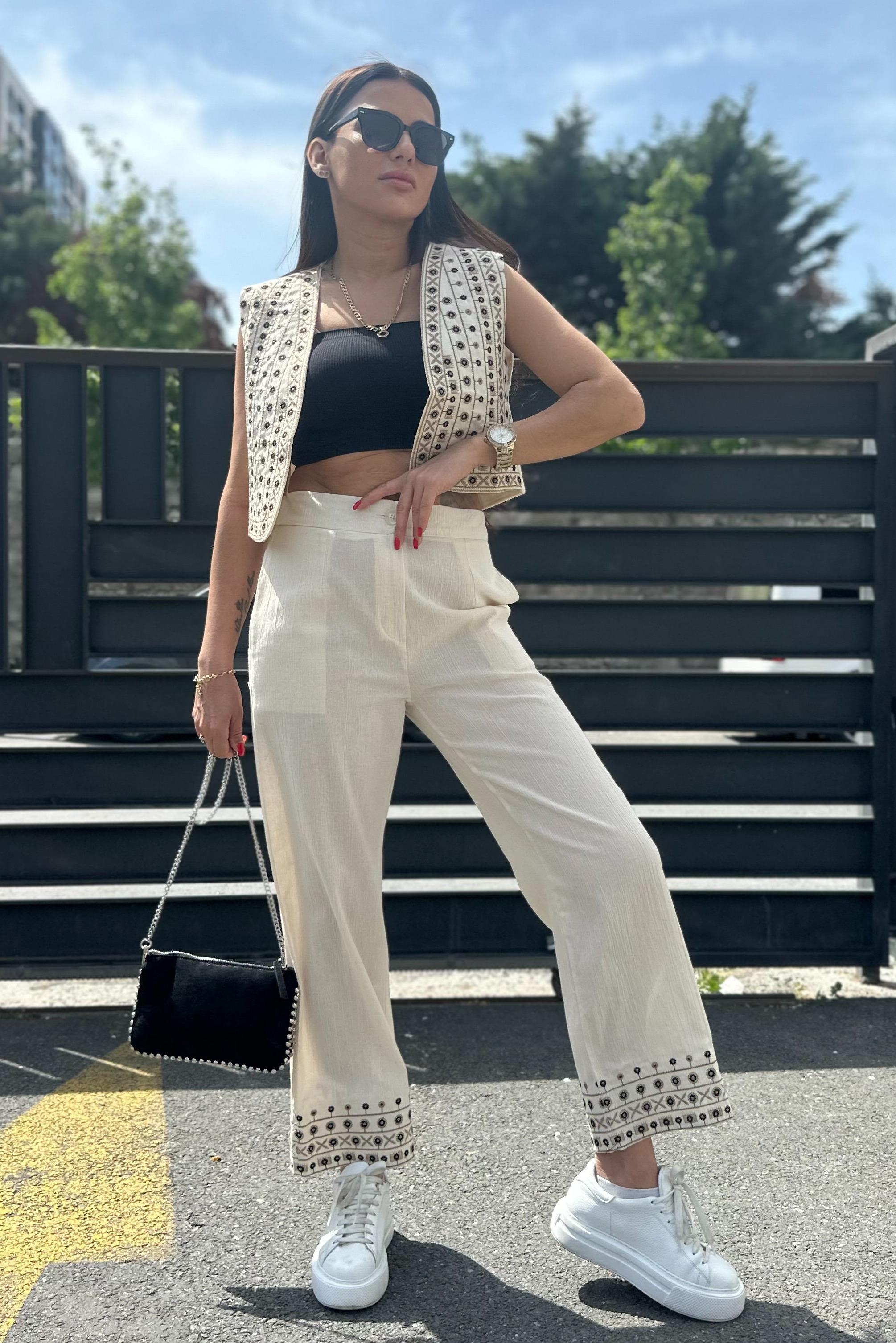 Paçası Etnik Desen Keten PantolonPANTOLON