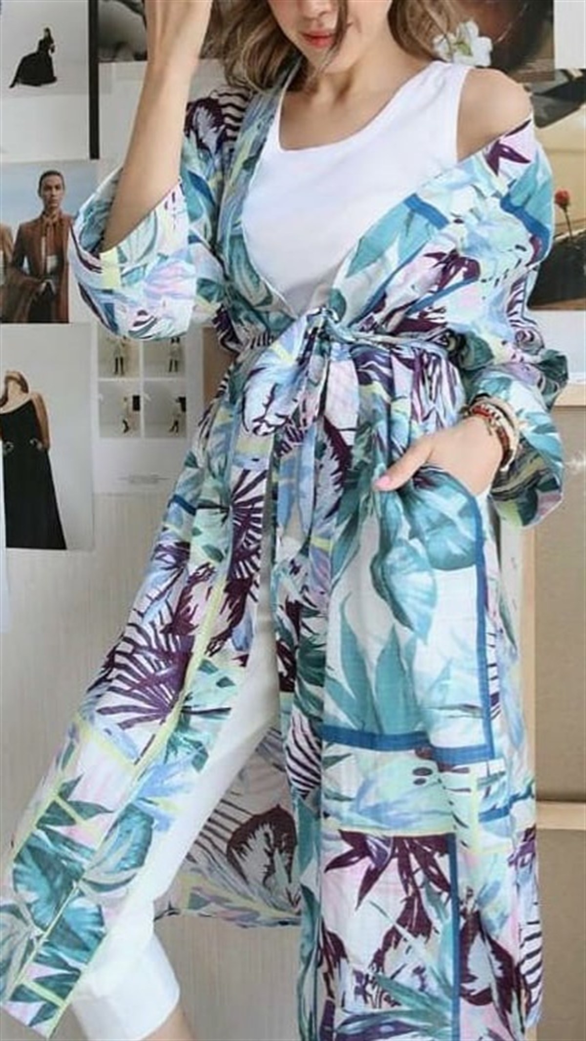 Pamuk Viskon Desenli Kimono