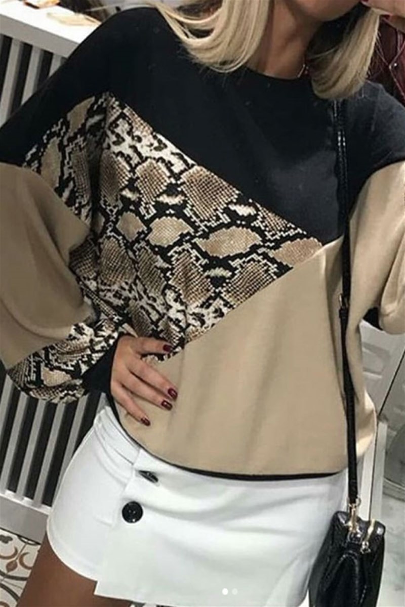 Parçalı Yılan Detaylı Balon Kol Sweatshirt
