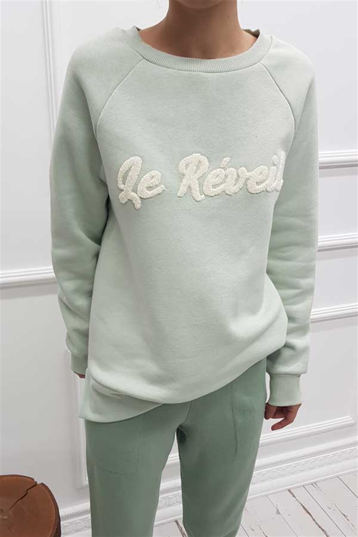 Peluş Yazılı Mint Sweatshirt