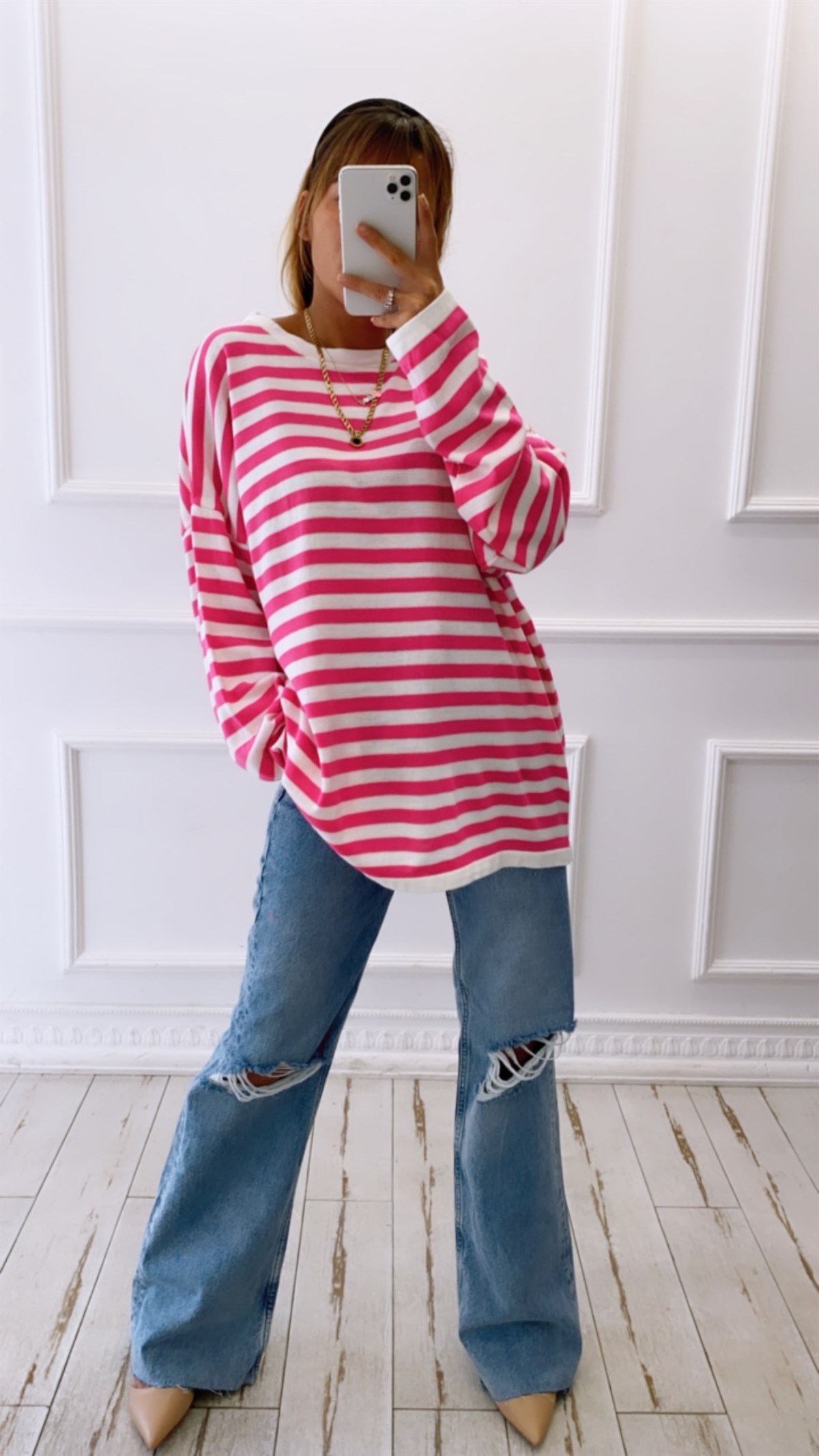 Pembe Çizgili Oversize Triko Kazak