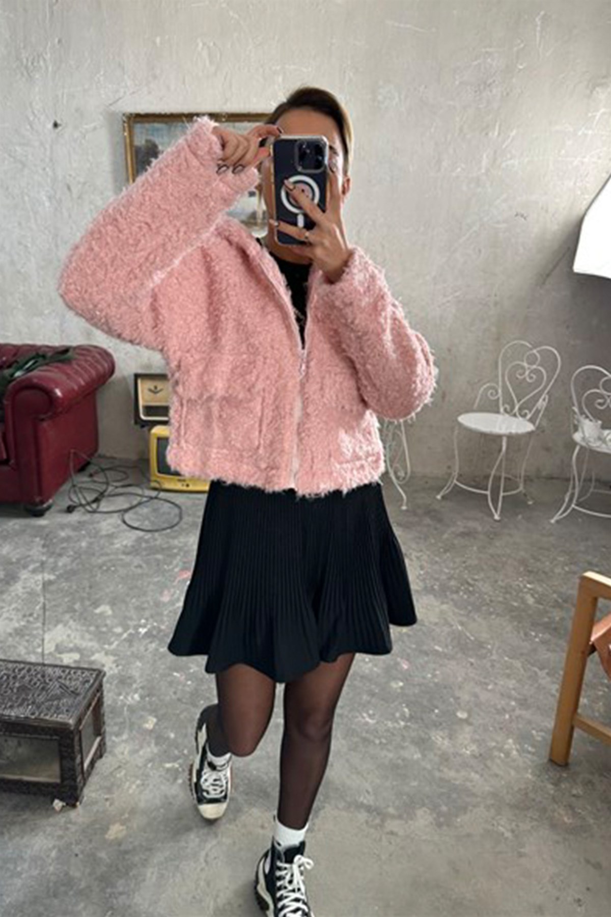 Pembe Kıvırcık Peluş MontMONT/CEKET