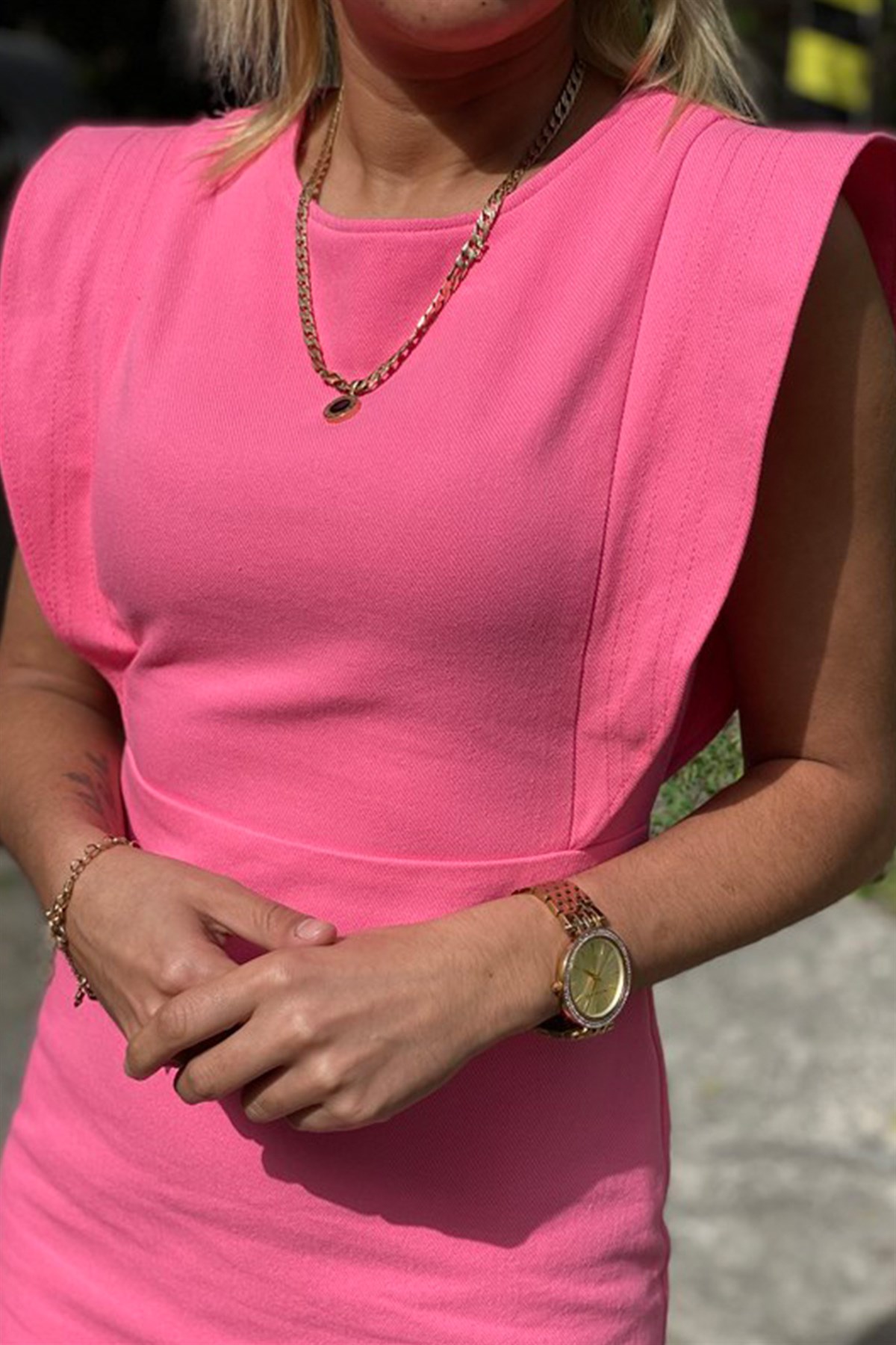 Pembe Omuz Detaylı Denim ElbiseELBİSE