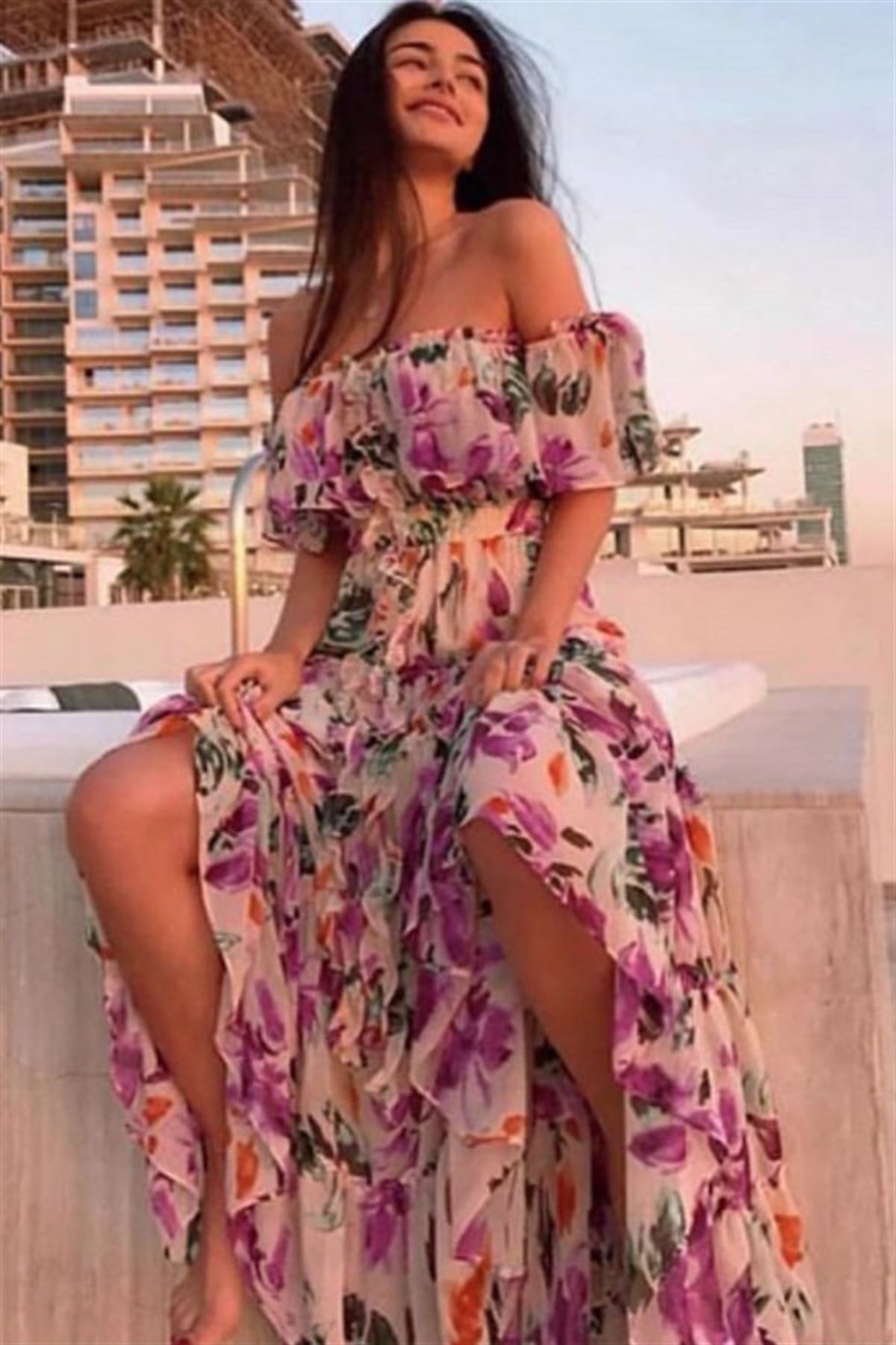 Pembeli Çiçekli Maxi Madonna Elbise
