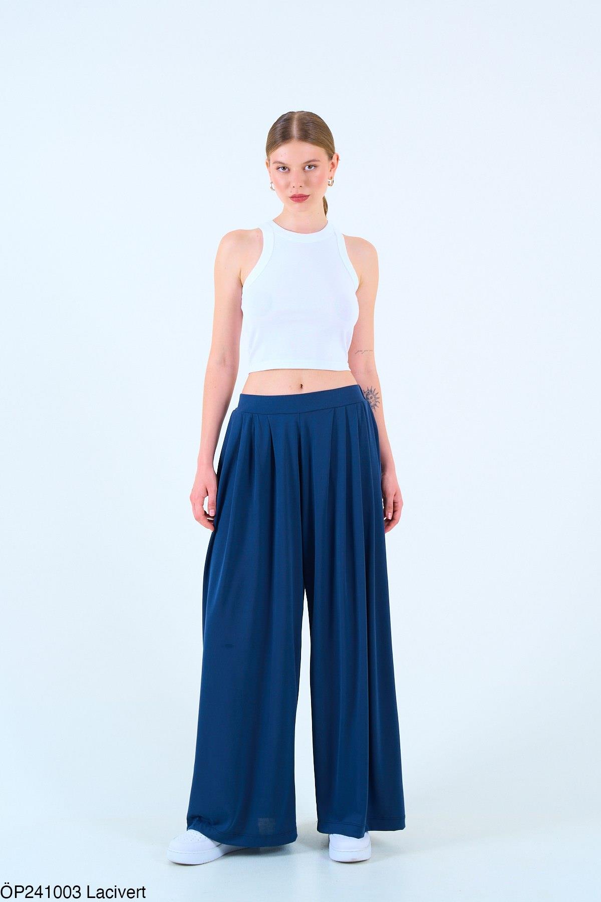 Pileli Modal Salaş Lacivert PantolonPANTOLON