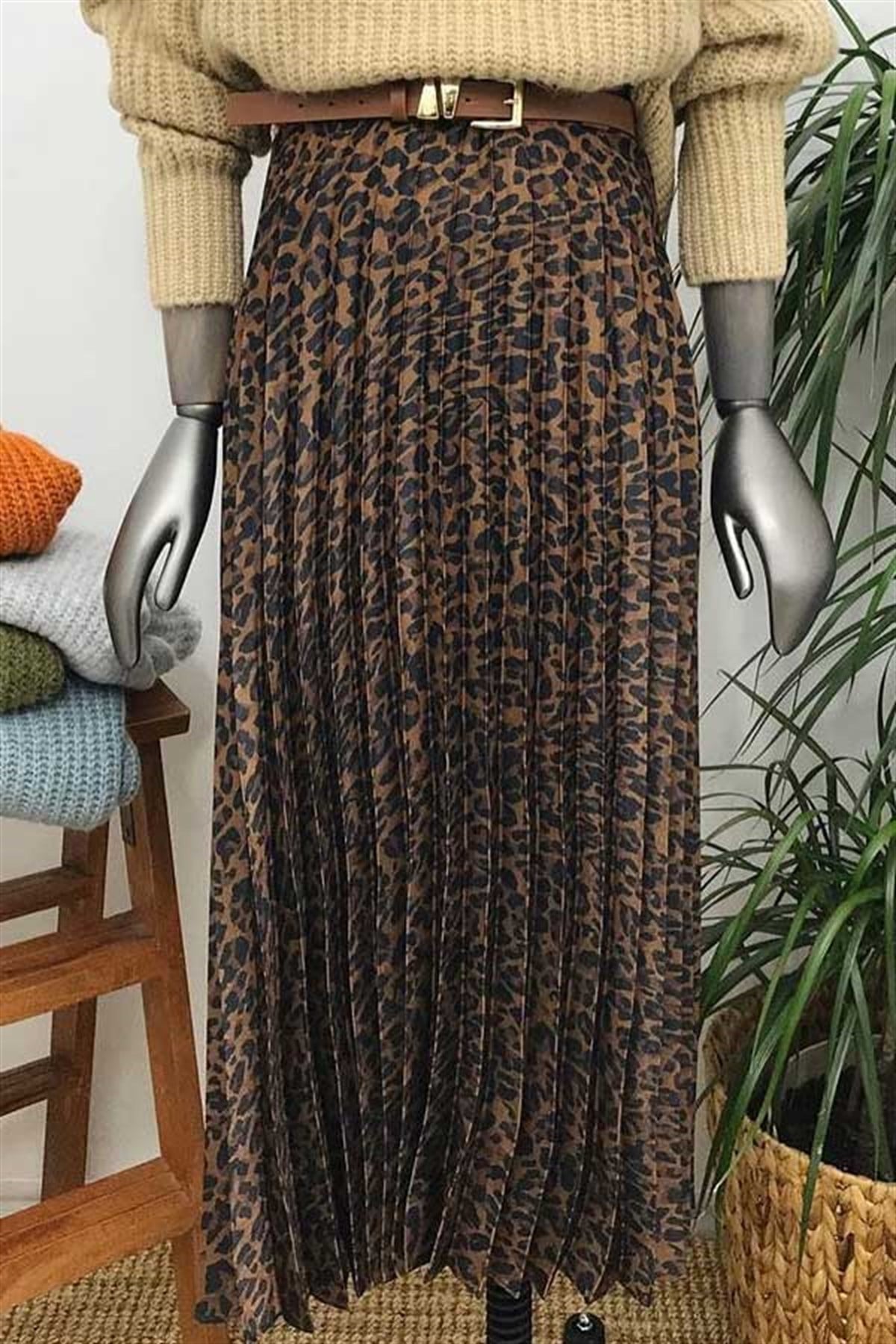 Pliseli Maxi Leopar Etek