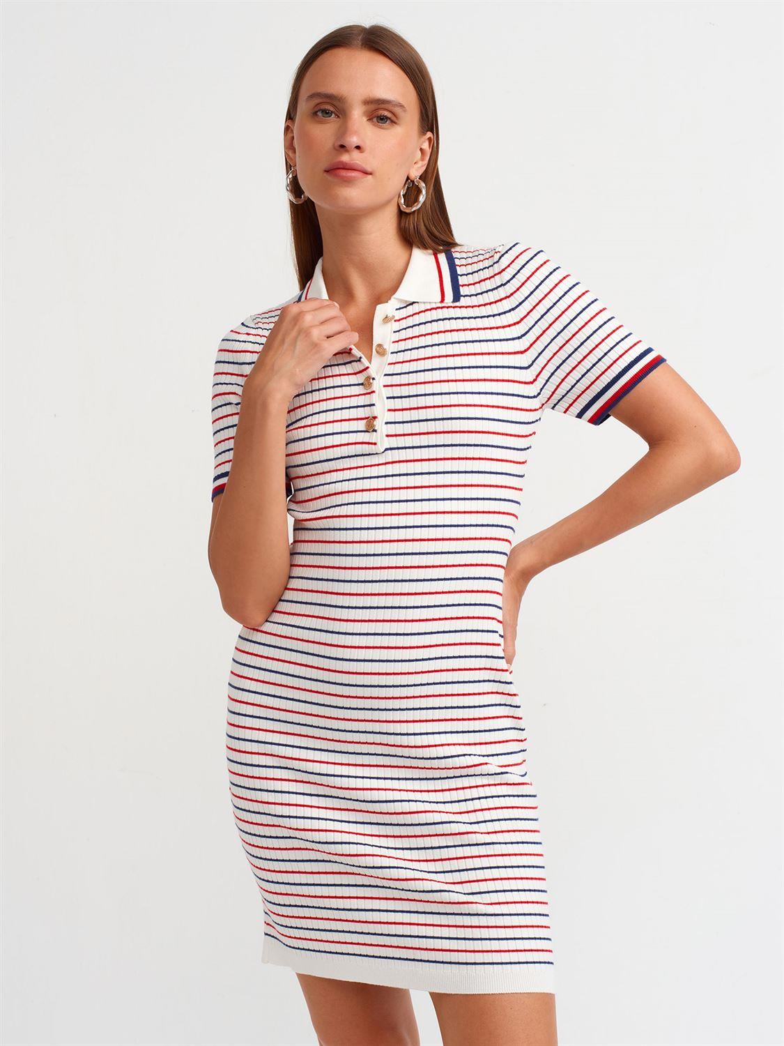 Polo Yaka Çizgili Düğmeli Triko Elbise  ELBİSE