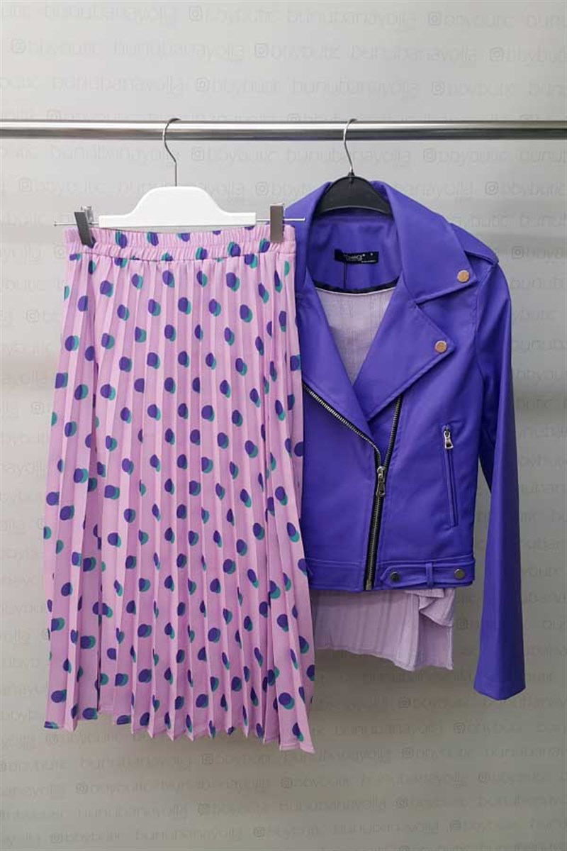 Puantiyeli Eflatun Plieli Etek