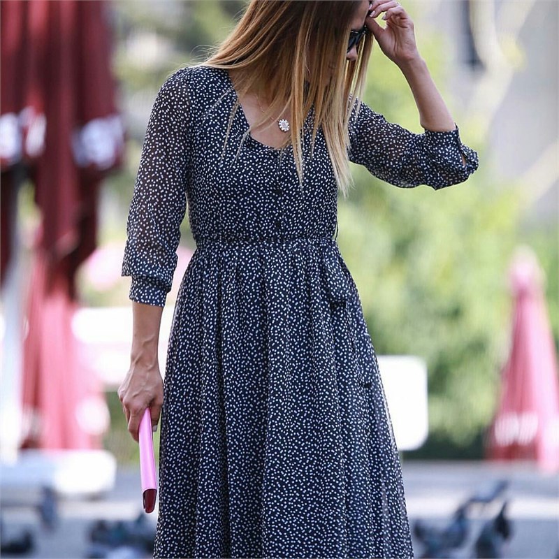 Puantiyeli Maxi Şifon Elbise