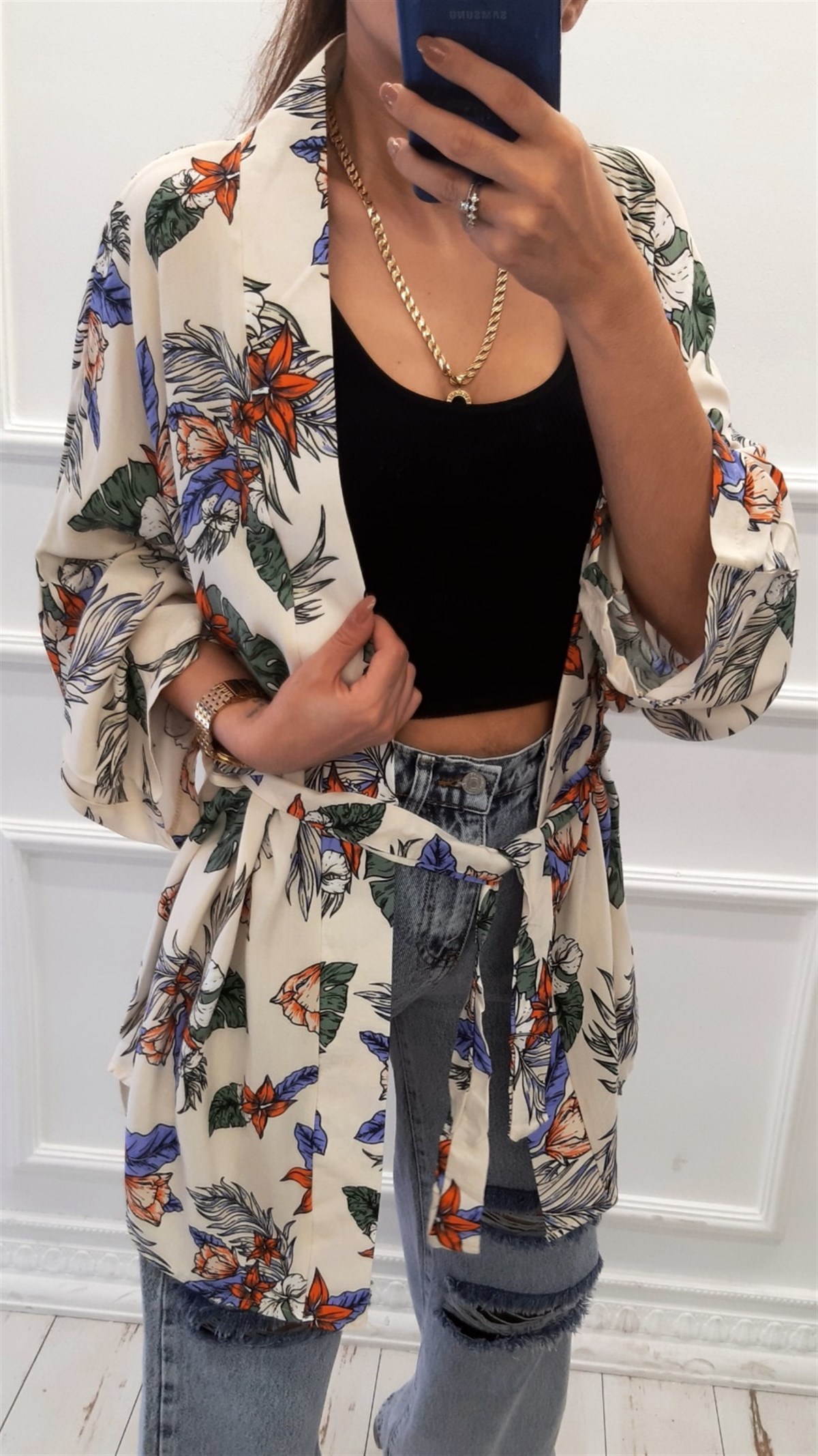 Renkli Çiçekli Viskon Kimono