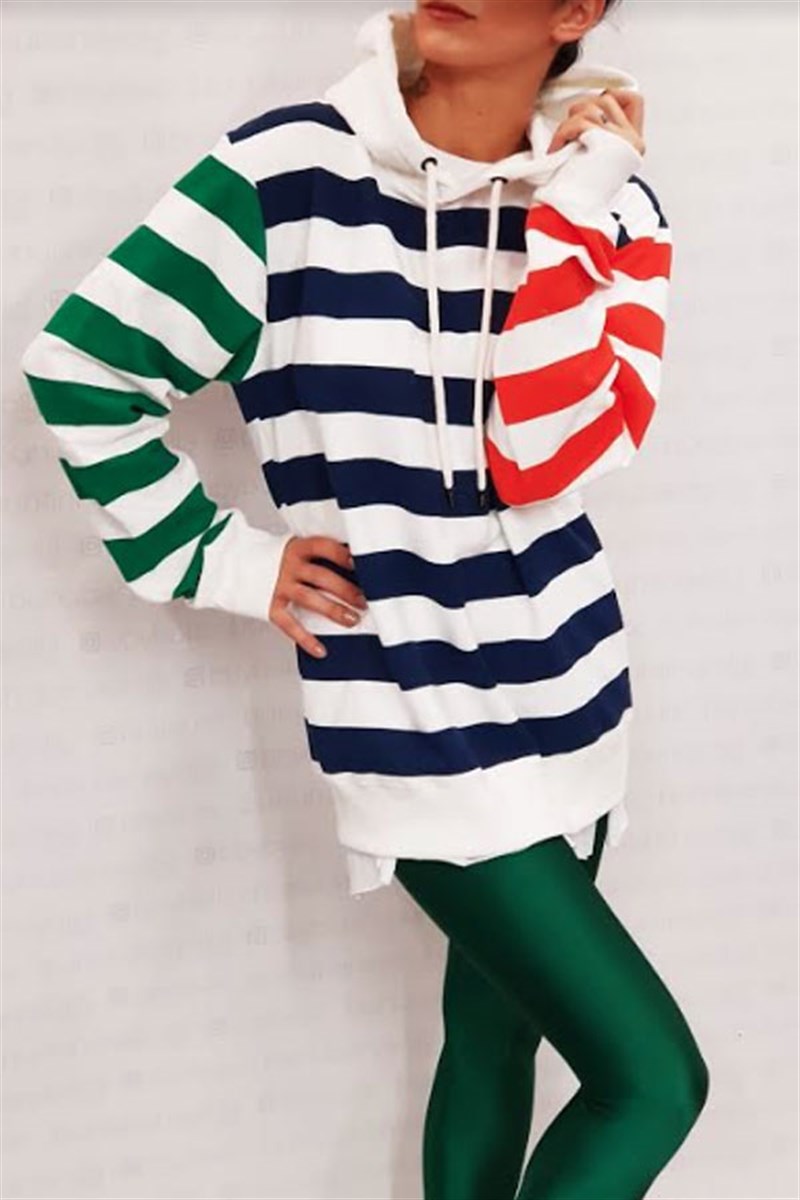 Renkli Çizgili Kapşonlu Sweatshirt