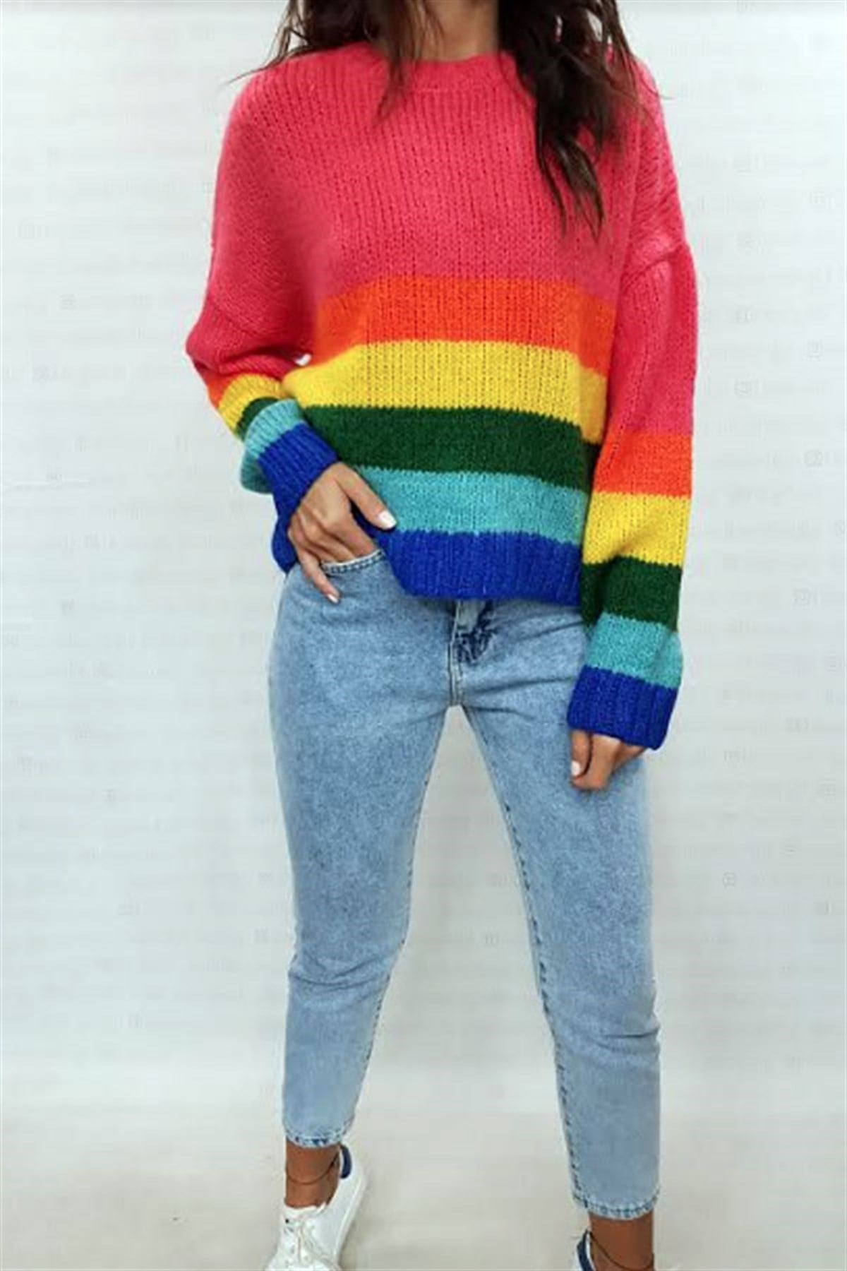 Renkli Çizgili Pembe Kazak