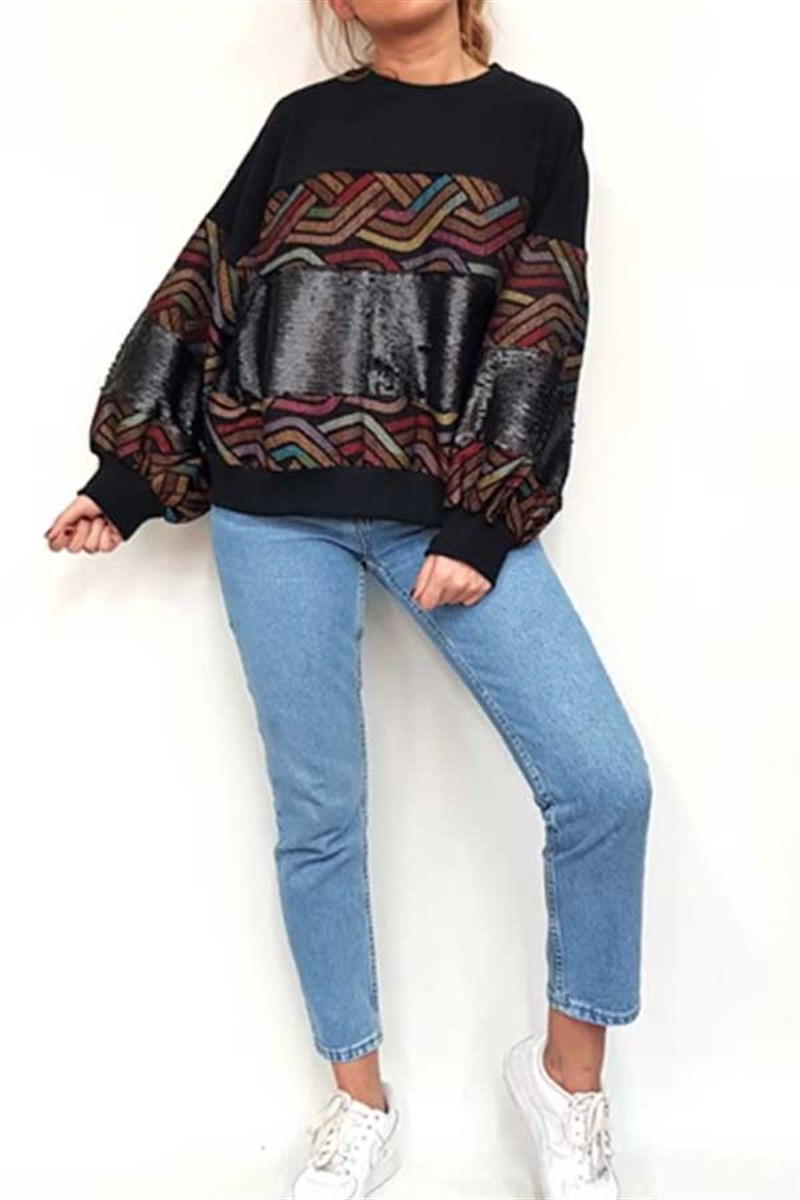 Renkli Desenli Payetli Sweatshirt