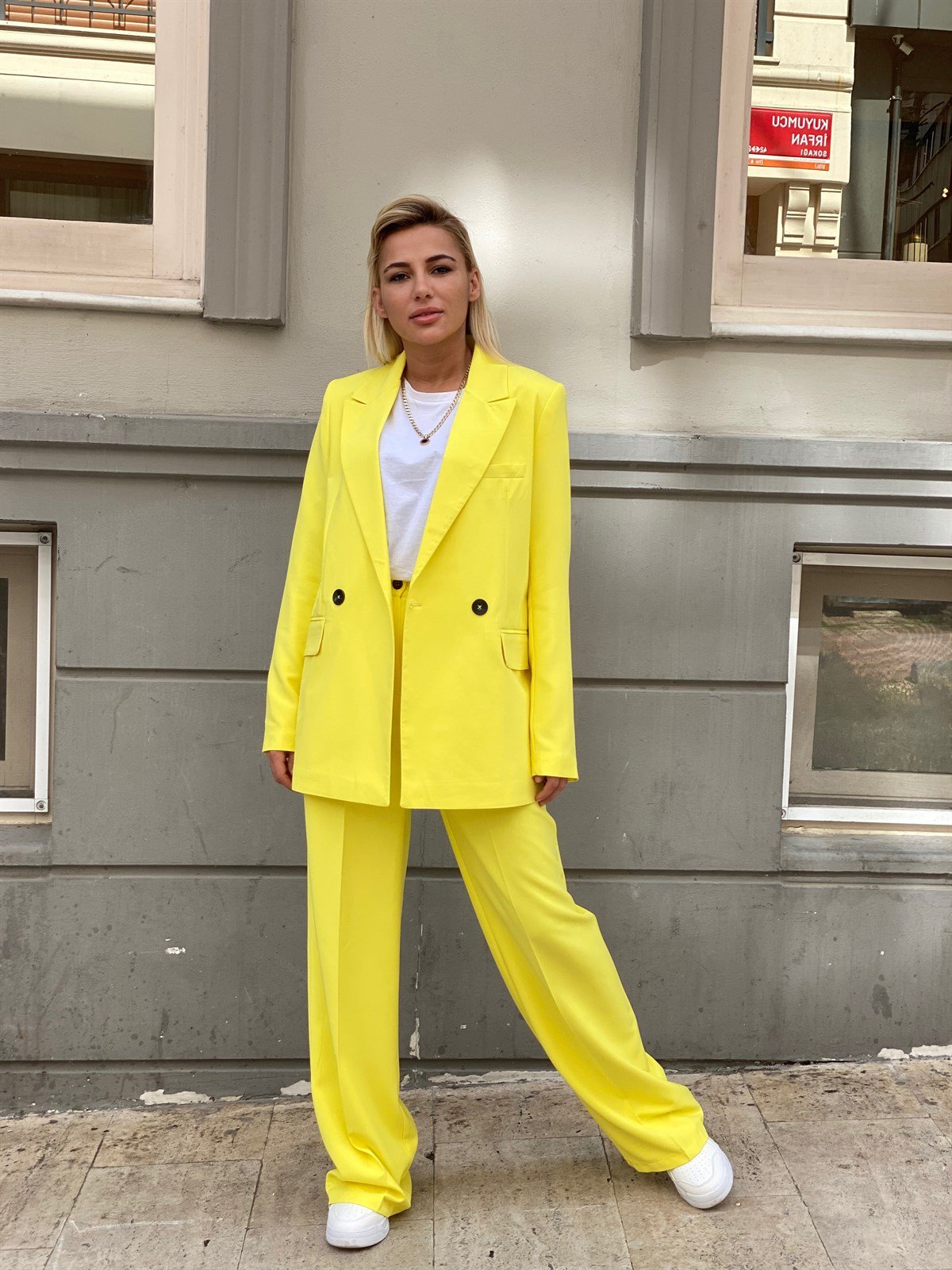 Sarı Blazer Ceket Palazzo Pantolon Takım
