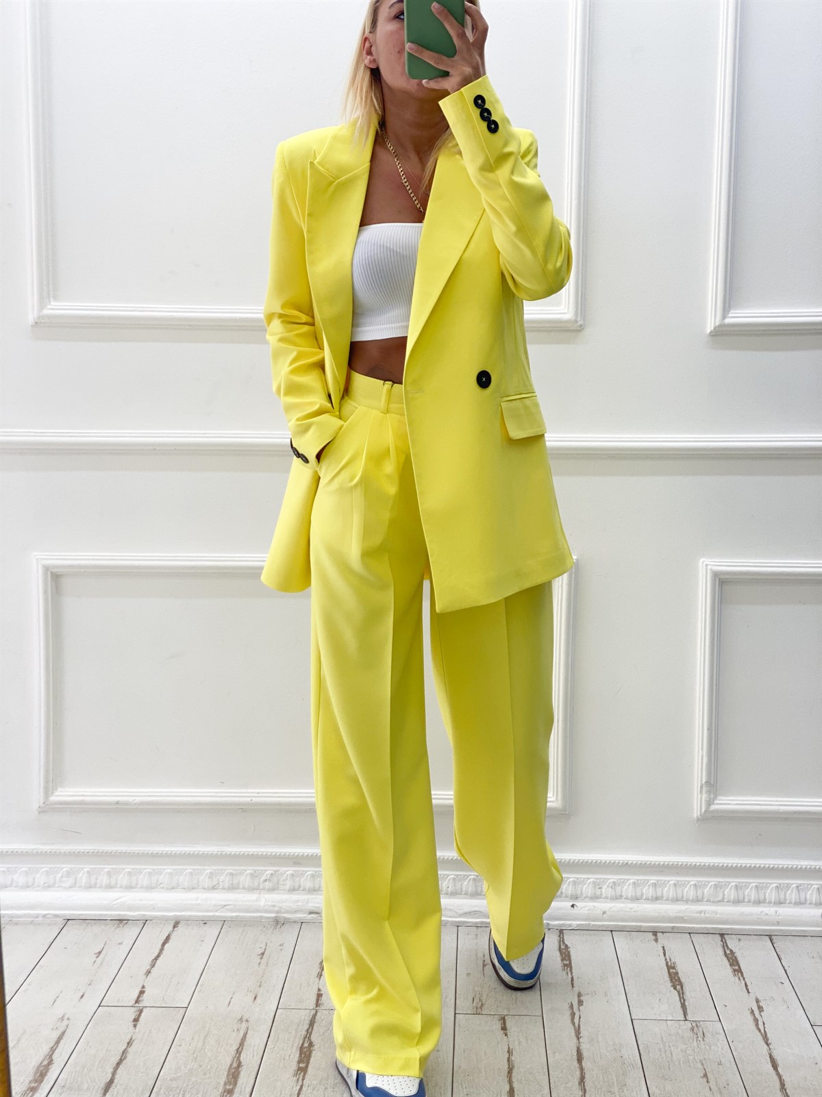 Sarı Blazer Ceket Palazzo Pantolon Takım